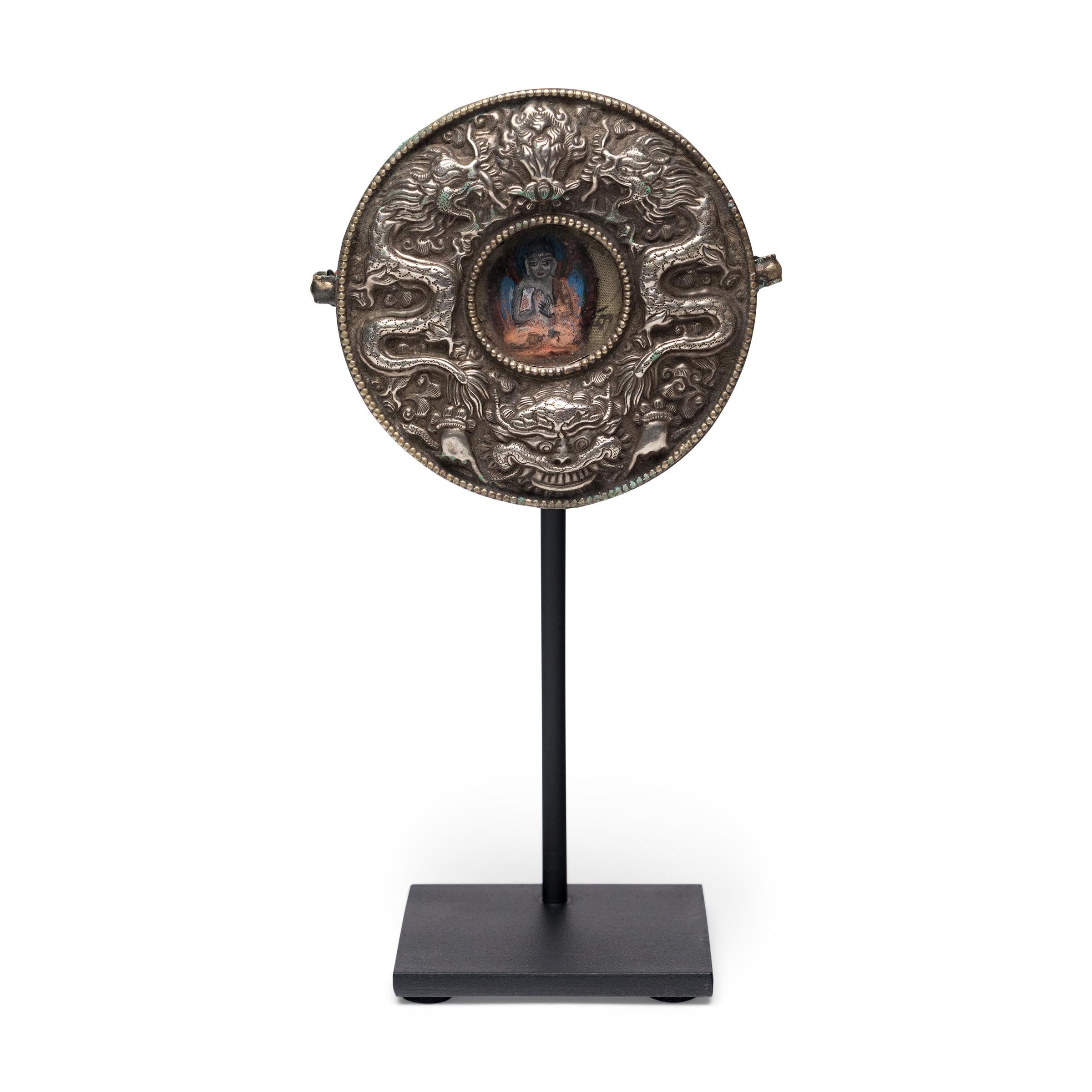 Runder tibetischer Wanderschrein mit Zwillingsdrachen, um 1900