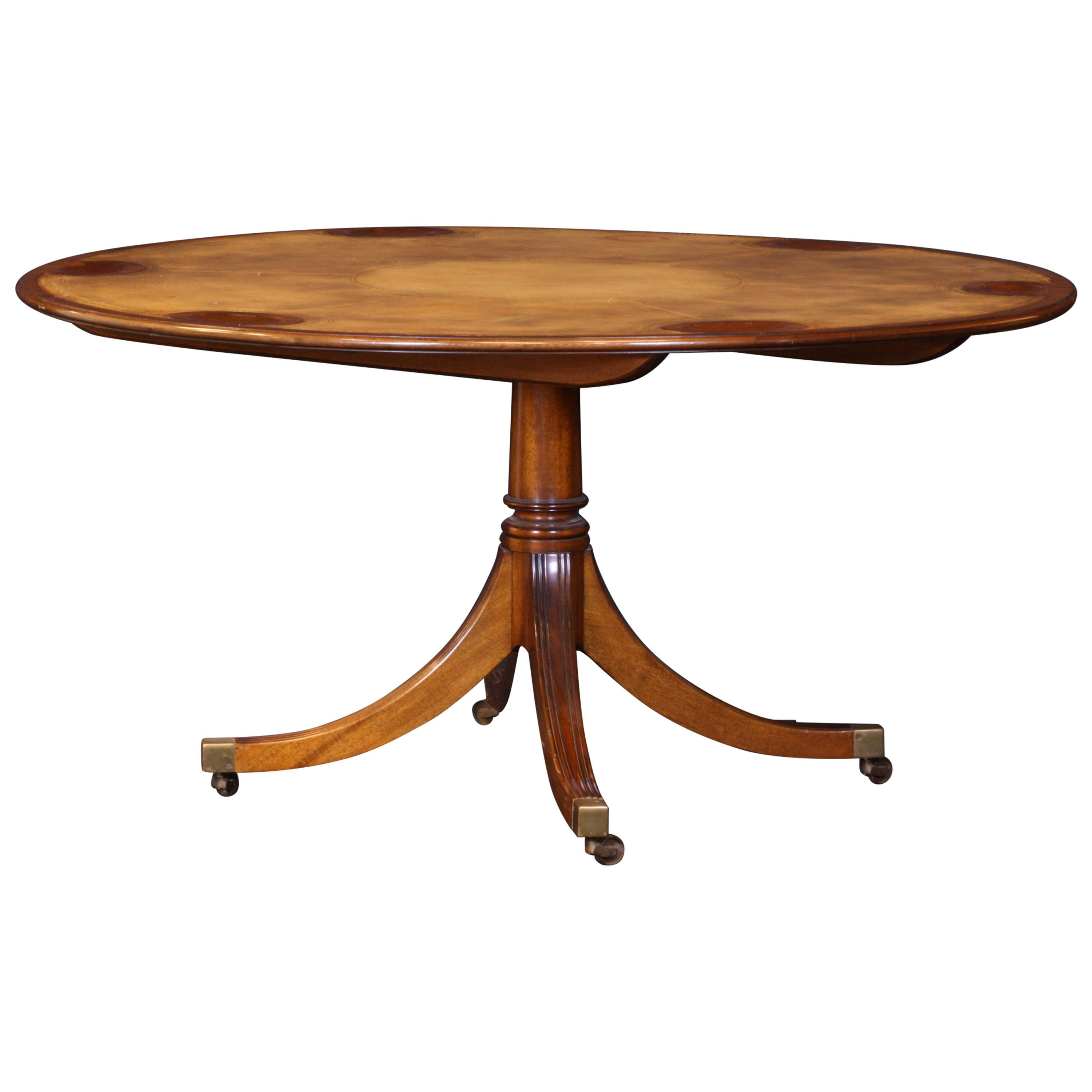 Round Tilt-Top Games Table in Mahogany and Leather Top, Mahogany Pedestal Base