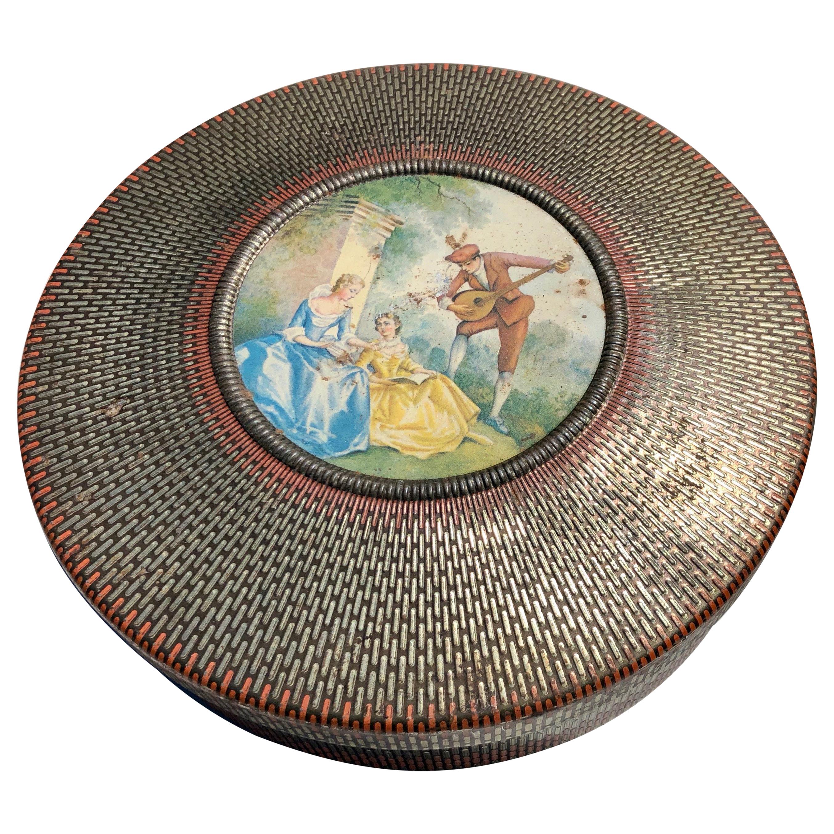 Round Tin Box with a Musician and Two Ladies Depicted on Top, Weaved Tin Design For Sale