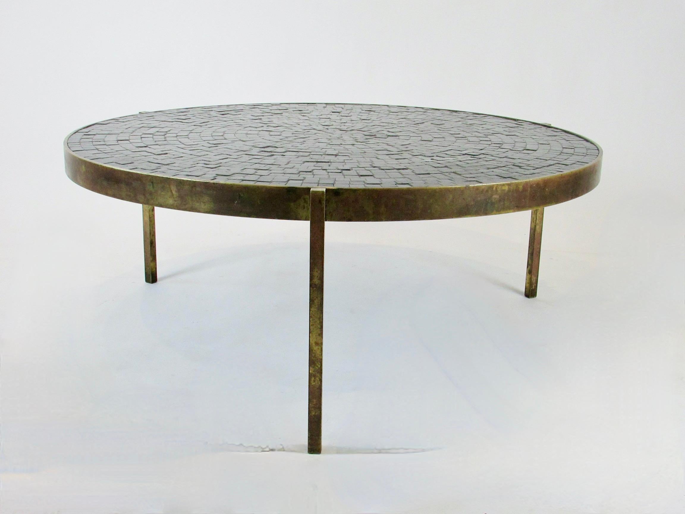 Round Top Bronze Base Cocktail Table with Concentric Design Black Tiles For Sale 3