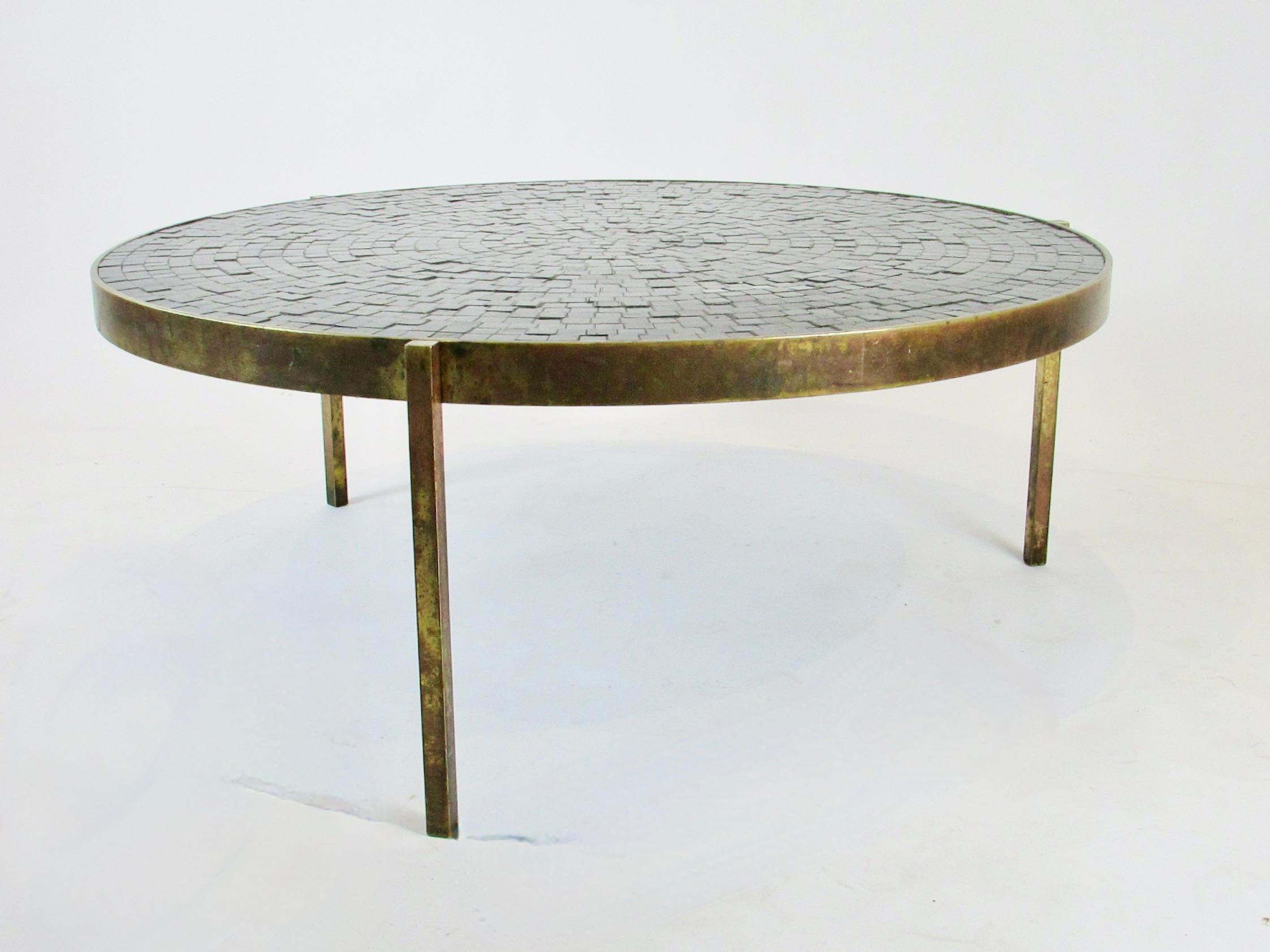 Round Top Bronze Base Cocktail Table with Concentric Design Black Tiles For Sale 4