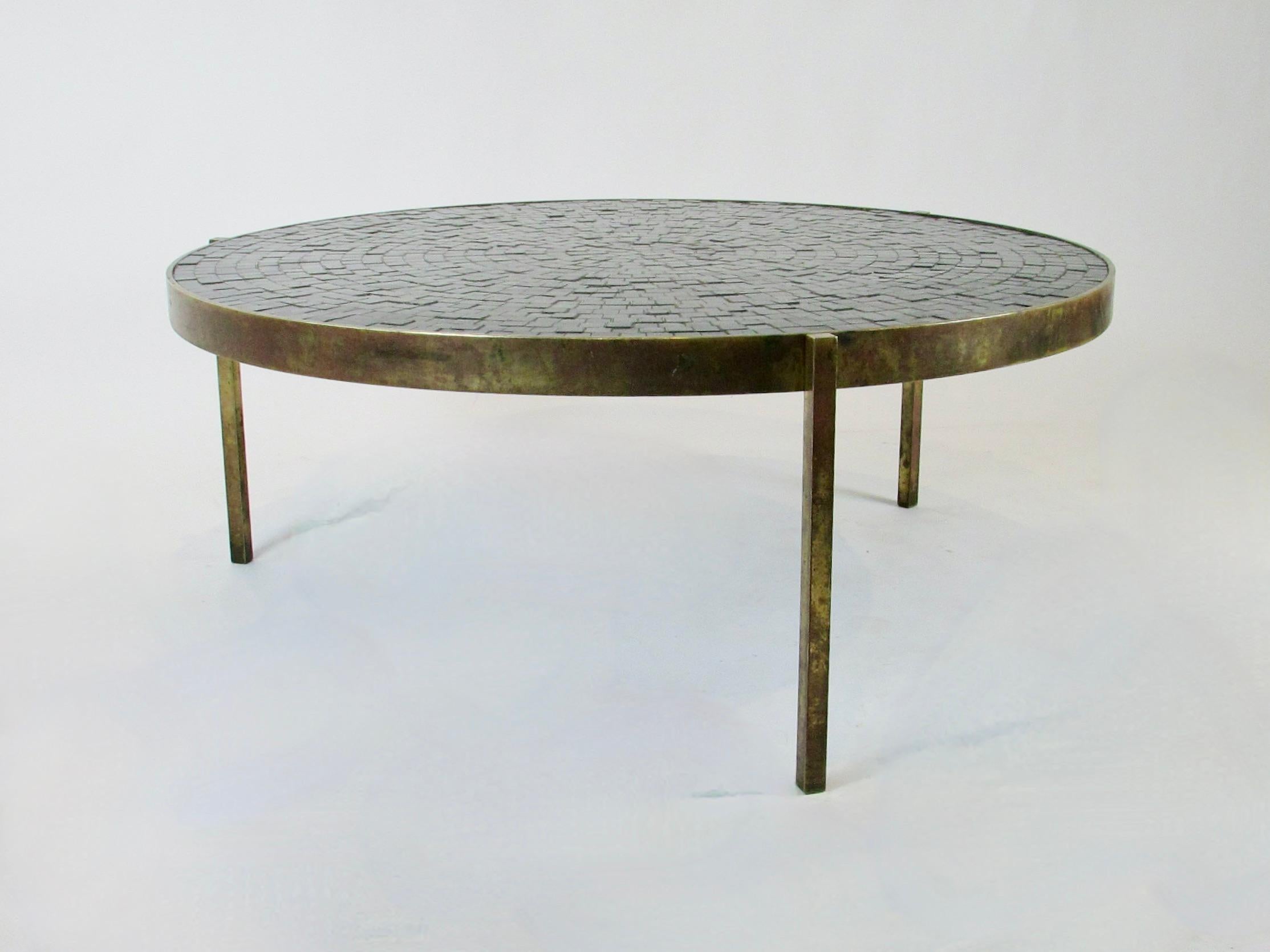 Round Top Bronze Base Cocktail Table with Concentric Design Black Tiles For Sale 5