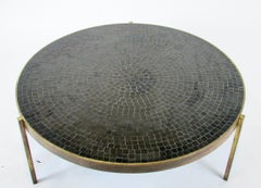 Round Top Bronze Base Cocktail Table with Concentric Design Black Tiles