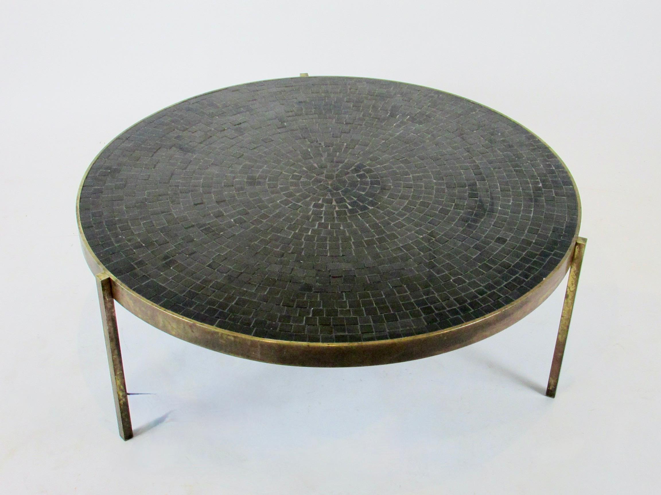 Mid-Century Modern Round Top Bronze Base Cocktail Table with Concentric Design Black Tiles For Sale