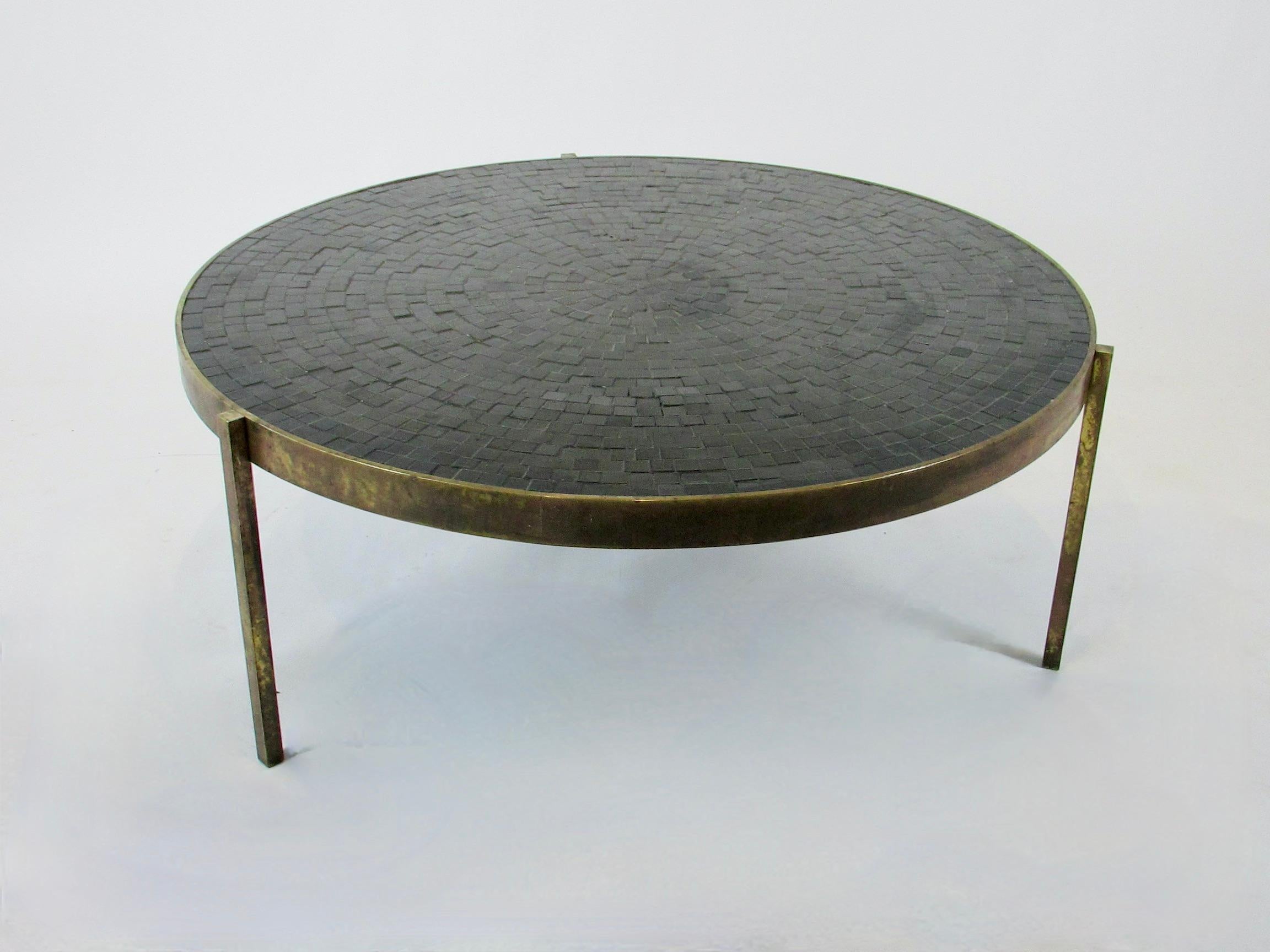 American Round Top Bronze Base Cocktail Table with Concentric Design Black Tiles For Sale