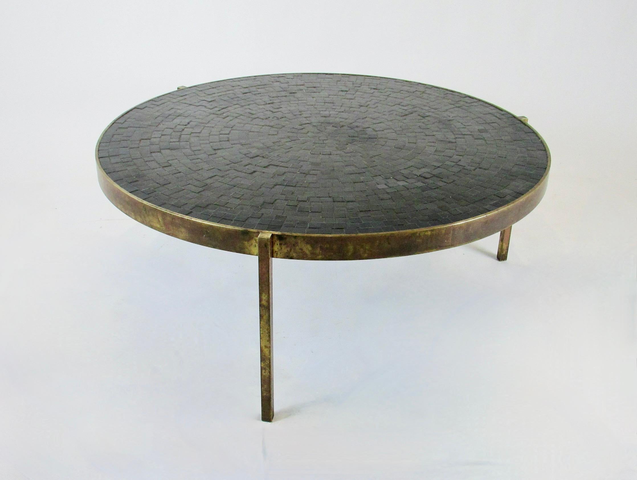 Hand-Crafted Round Top Bronze Base Cocktail Table with Concentric Design Black Tiles For Sale