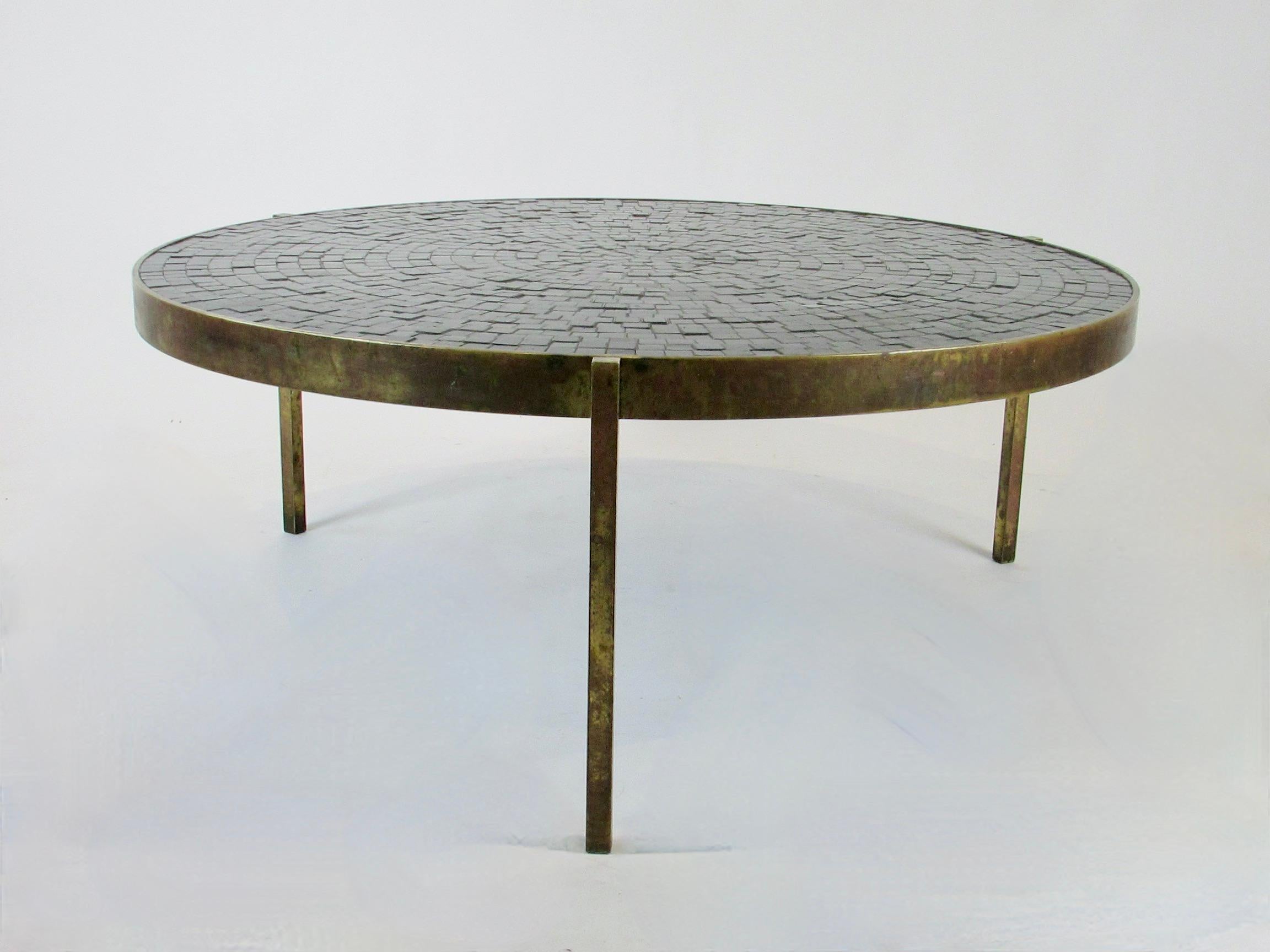 Round Top Bronze Base Cocktail Table with Concentric Design Black Tiles For Sale 2