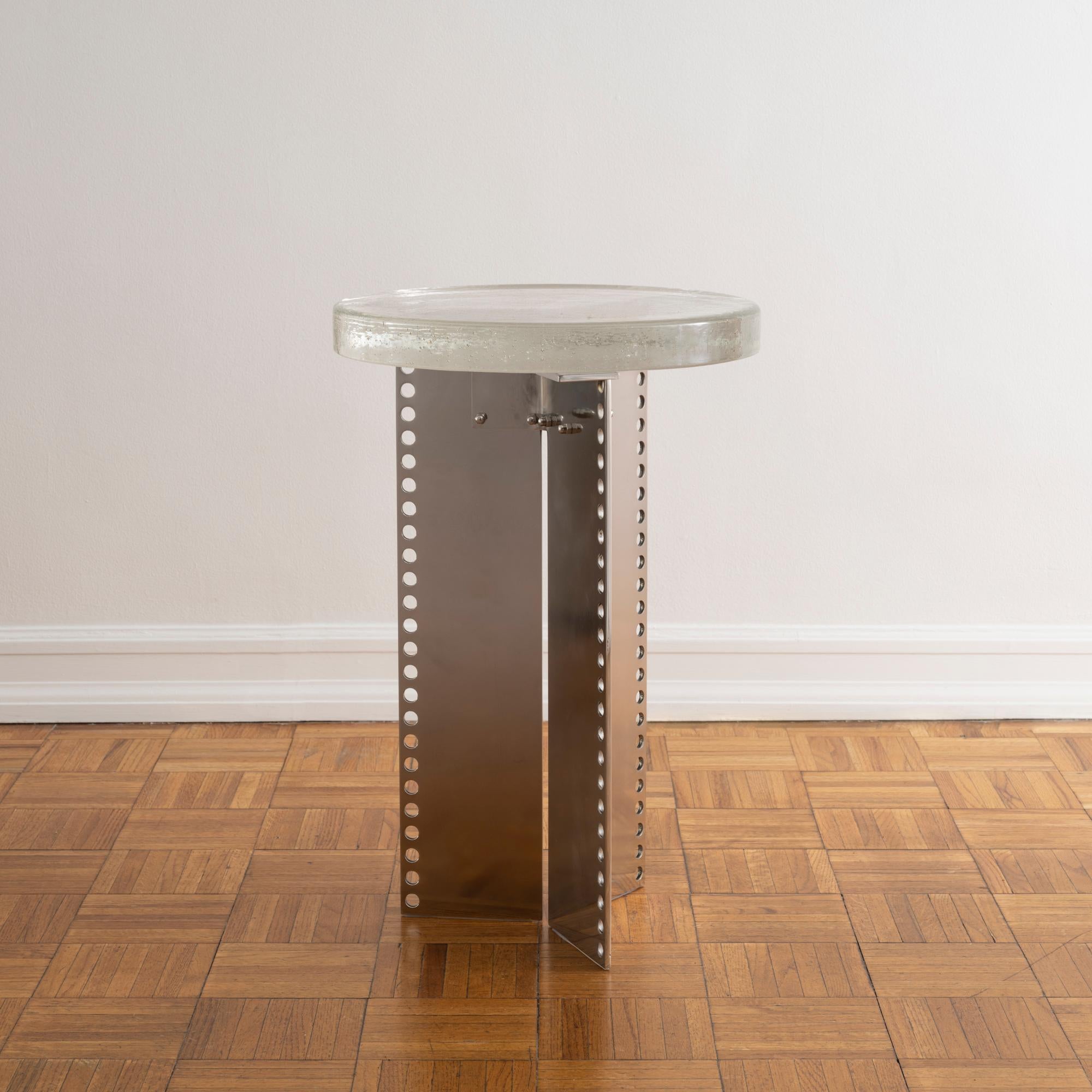 Industrial Sleek End Table in Seeded Glass and Perforated Steel For Sale