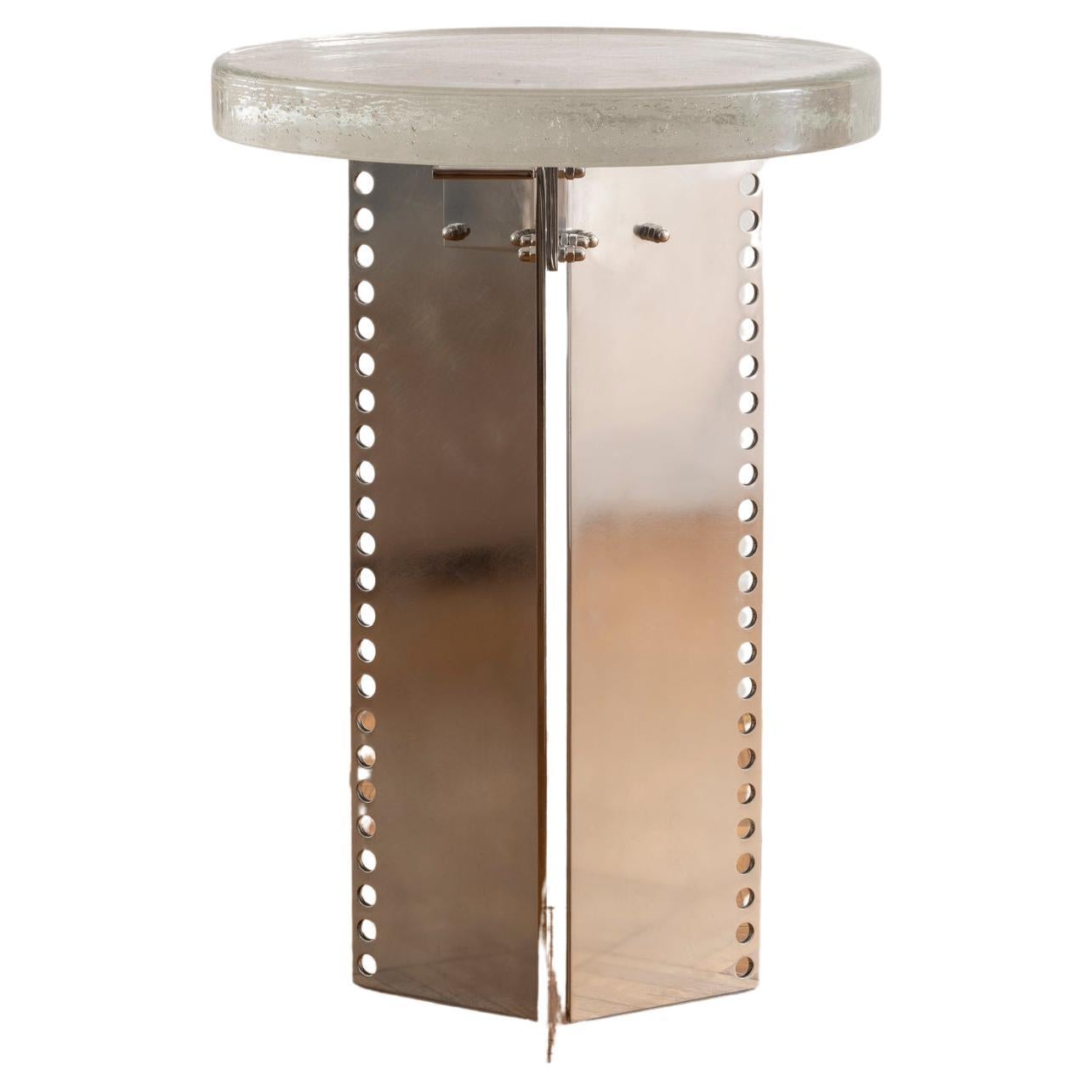 Sleek End Table in Seeded Glass and Perforated Steel For Sale