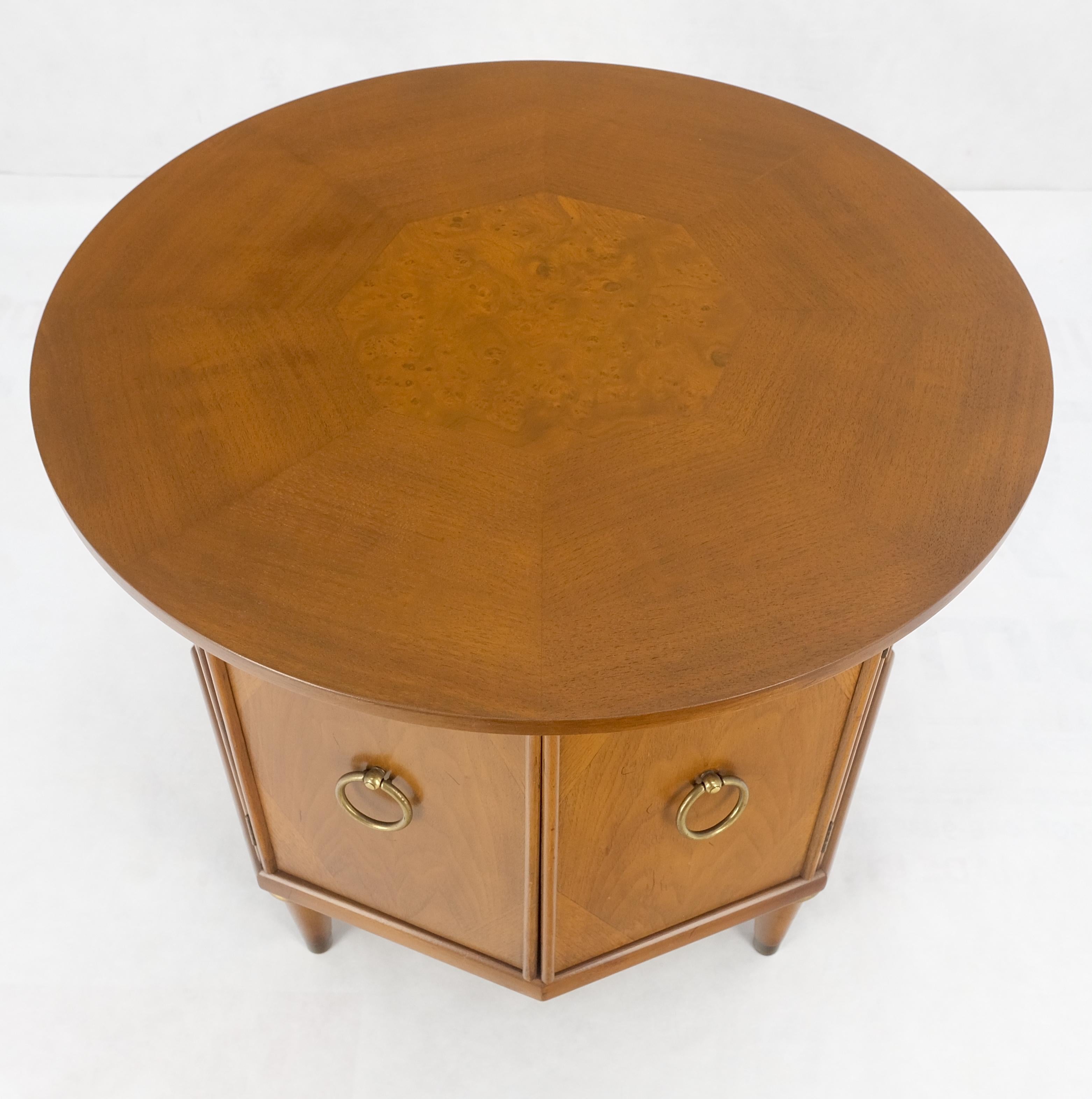 Mid-Century Modern Round Top Hexagon Two Door Cabinet Base Brass Ring Pulls Walnut Side End Table For Sale