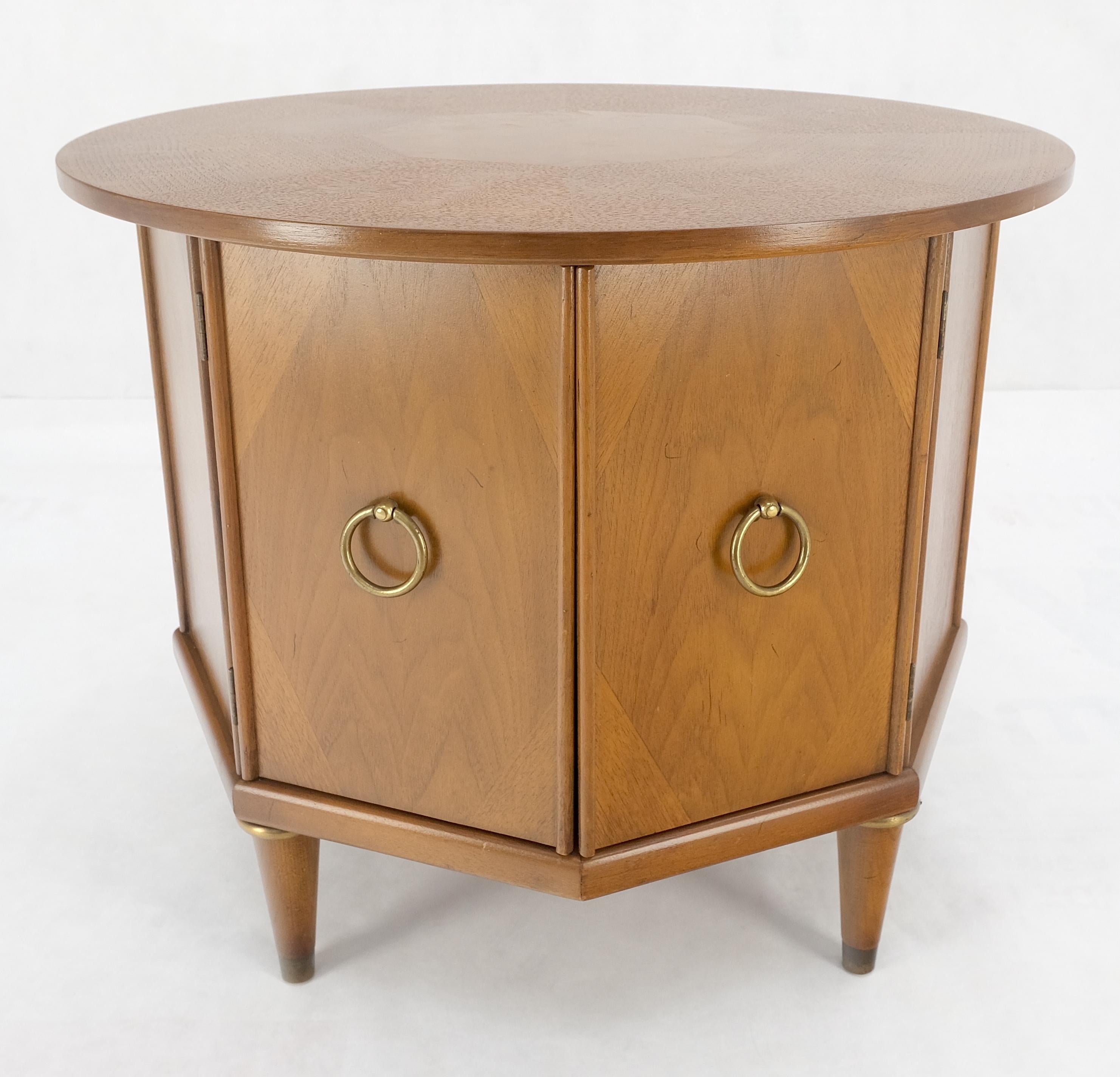 American Round Top Hexagon Two Door Cabinet Base Brass Ring Pulls Walnut Side End Table For Sale