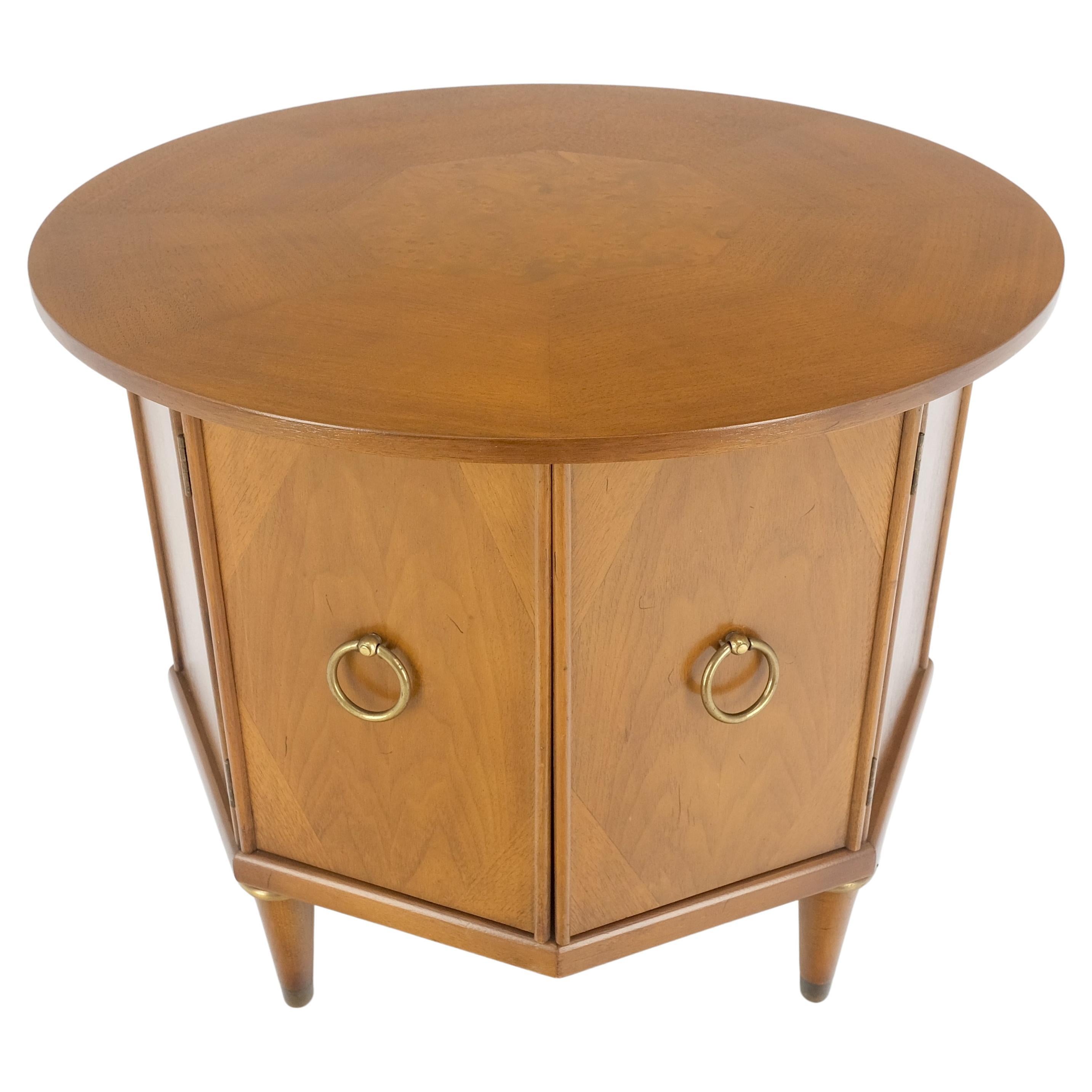Round Top Hexagon Two Door Cabinet Base Brass Ring Pulls Walnut Side End Table For Sale