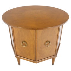 Vintage Round Top Hexagon Two Door Cabinet Base Brass Ring Pulls Walnut Side End Table