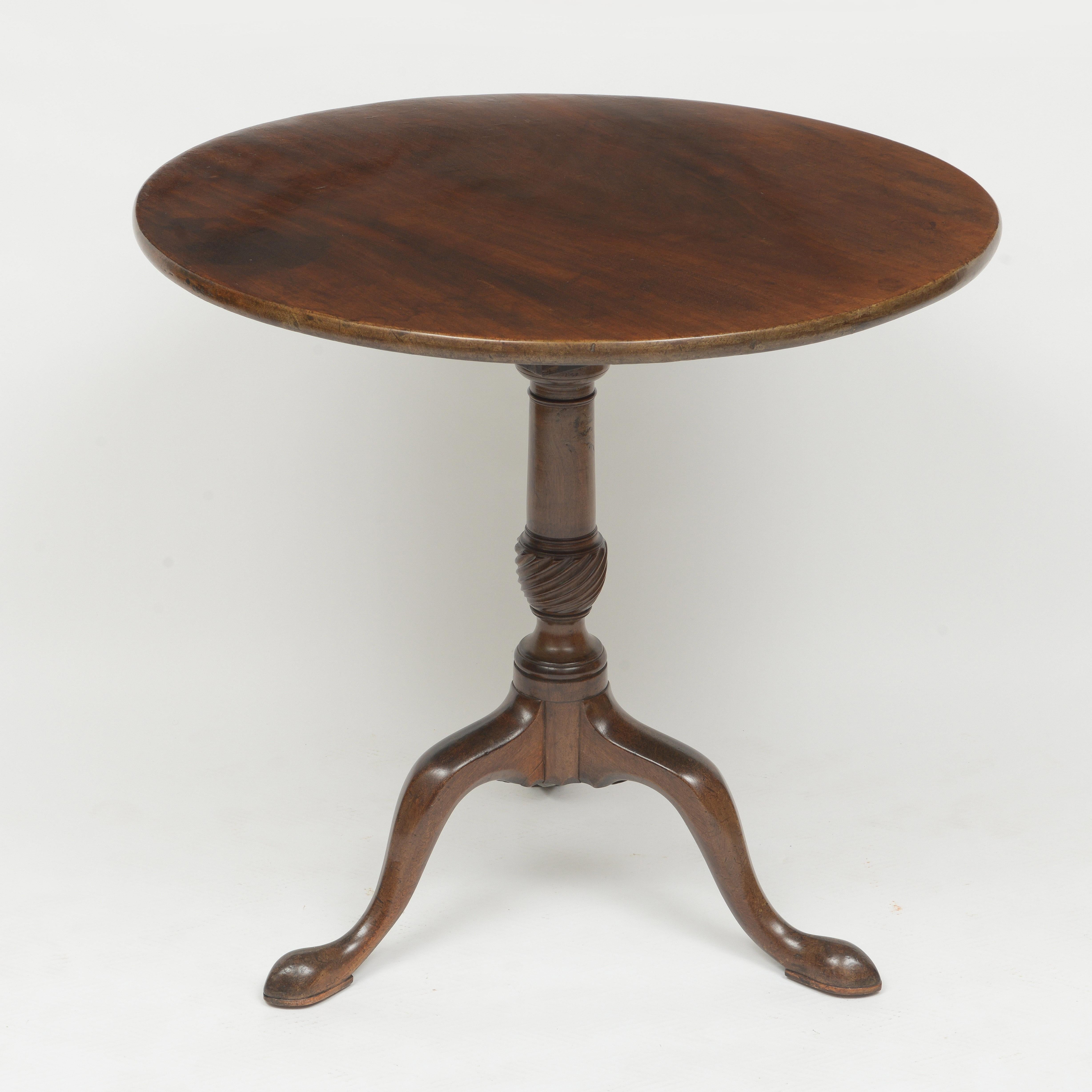 Round Top Tripod Table in Walnut Finished With Shellac and Wax Finish In Good Condition For Sale In Brooklyn, NY