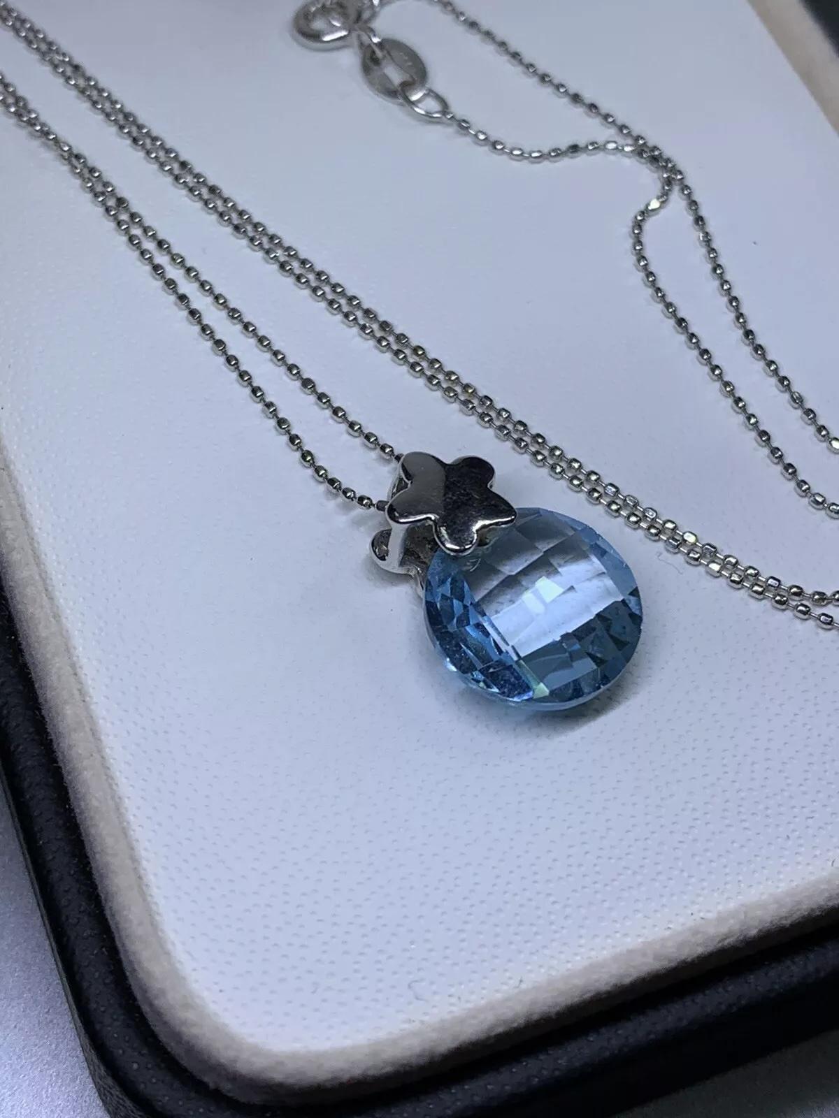 da uomo o donna Collana con diamante blu Topas rotondo e catena in oro bianco 18 ct. in vendita