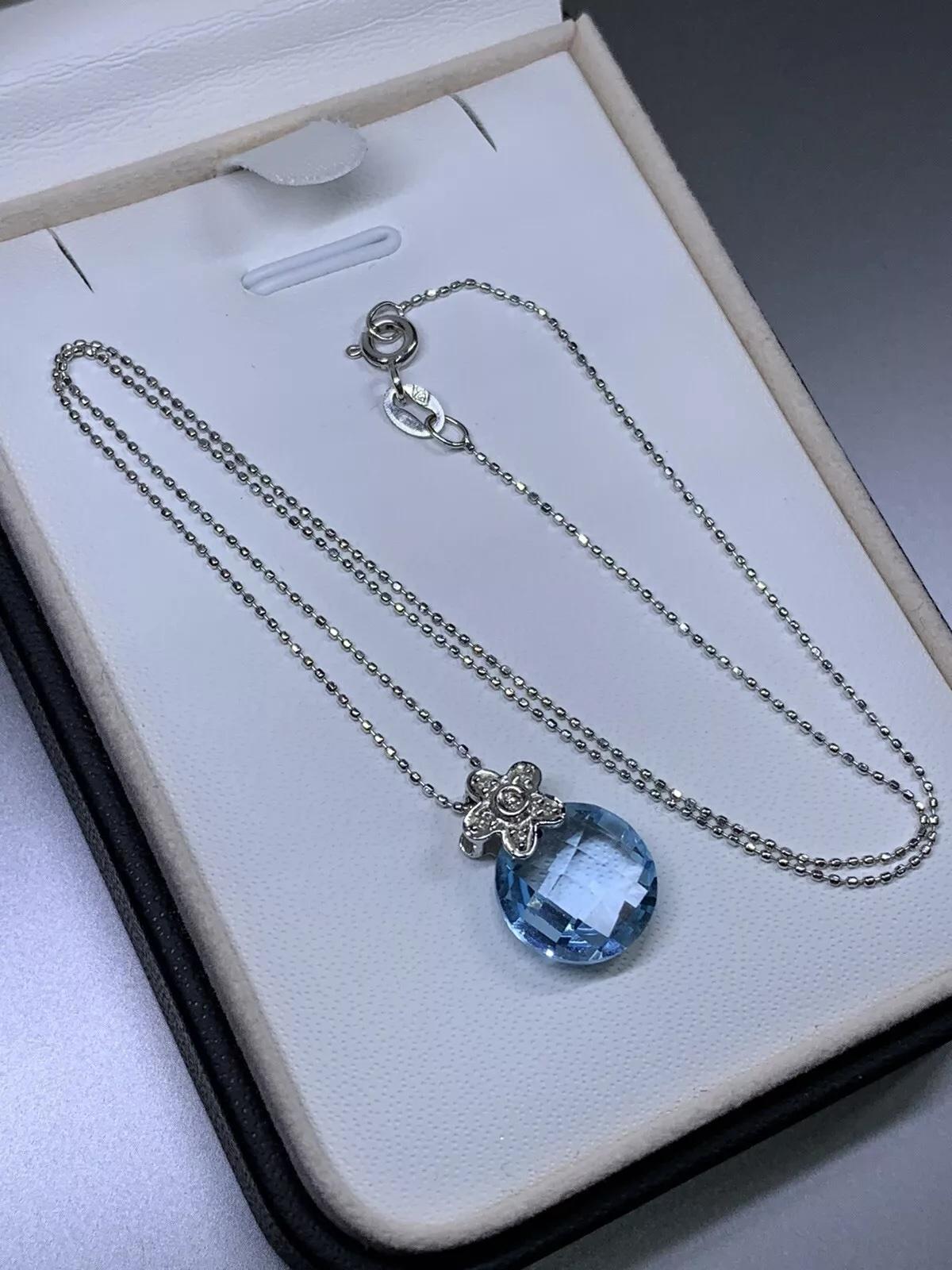 Collana con diamante blu Topas rotondo e catena in oro bianco 18 ct. in vendita 2