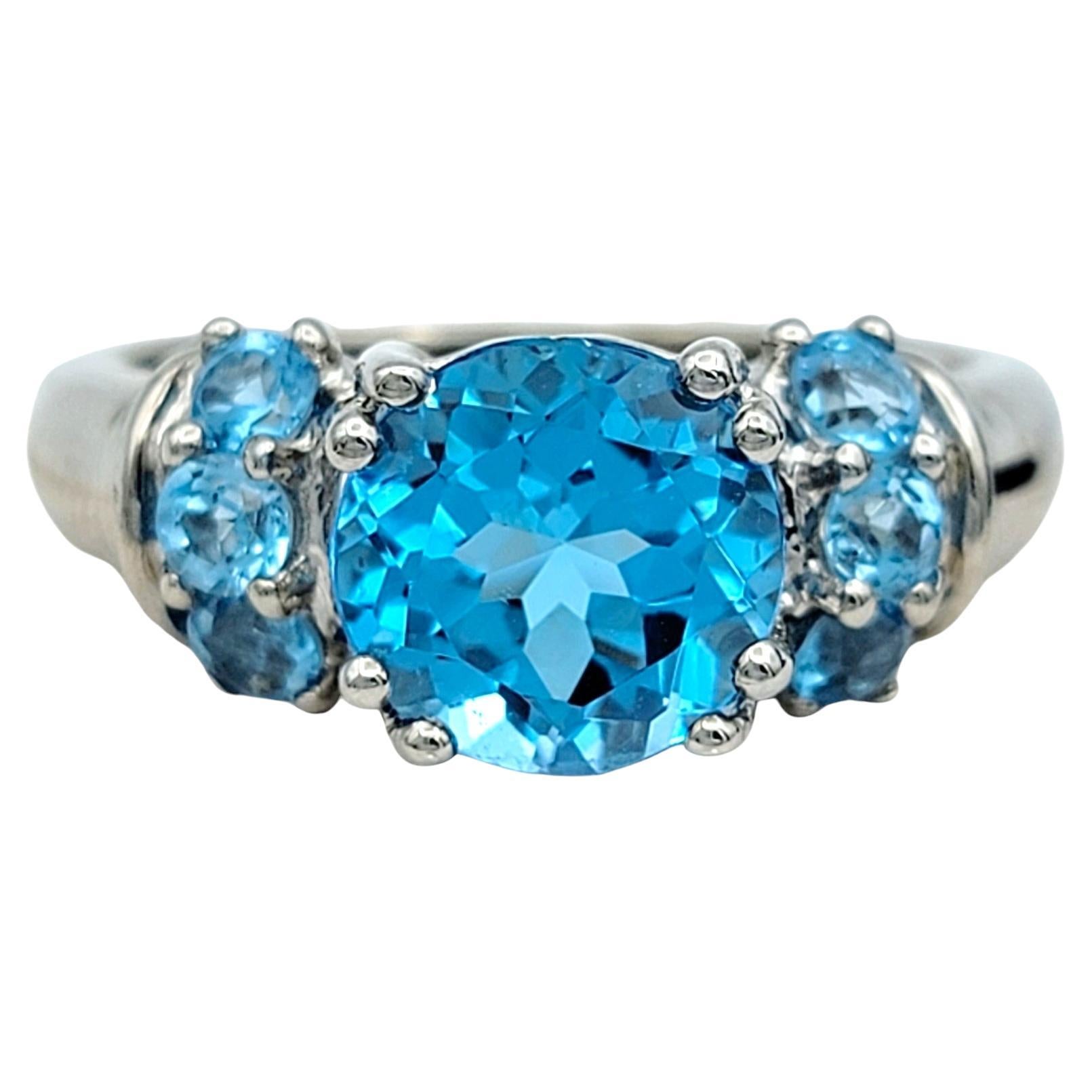 Round 2.21 Carat Natural Blue Topaz Band Ring in Polished 925 Sterling Silver For Sale