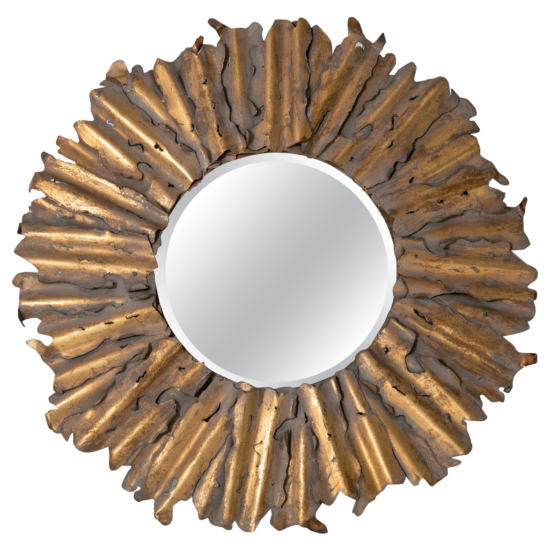 Round Torch Cut Brass Brutalist Sunburst Mirror