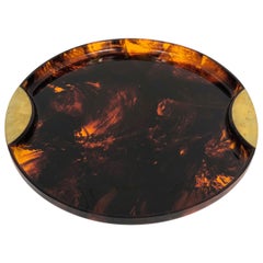 Round Tortoiseshell Serving Tray in Lucite and Brass by Guzzini, 1970s, Italy