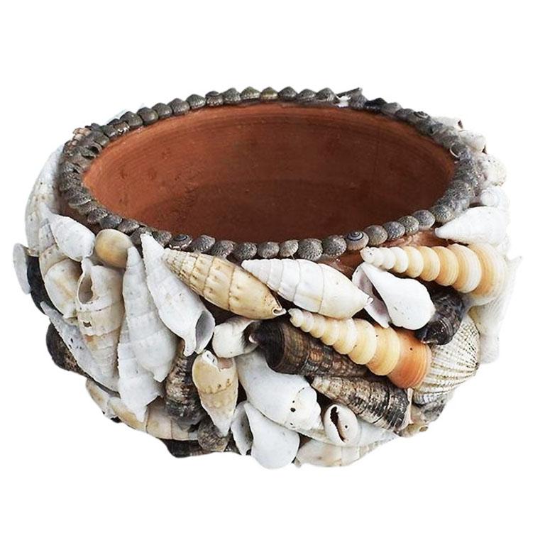 American Round Tramp Art Shell Encrusted Planter or Bowl Midcentury Folk Art