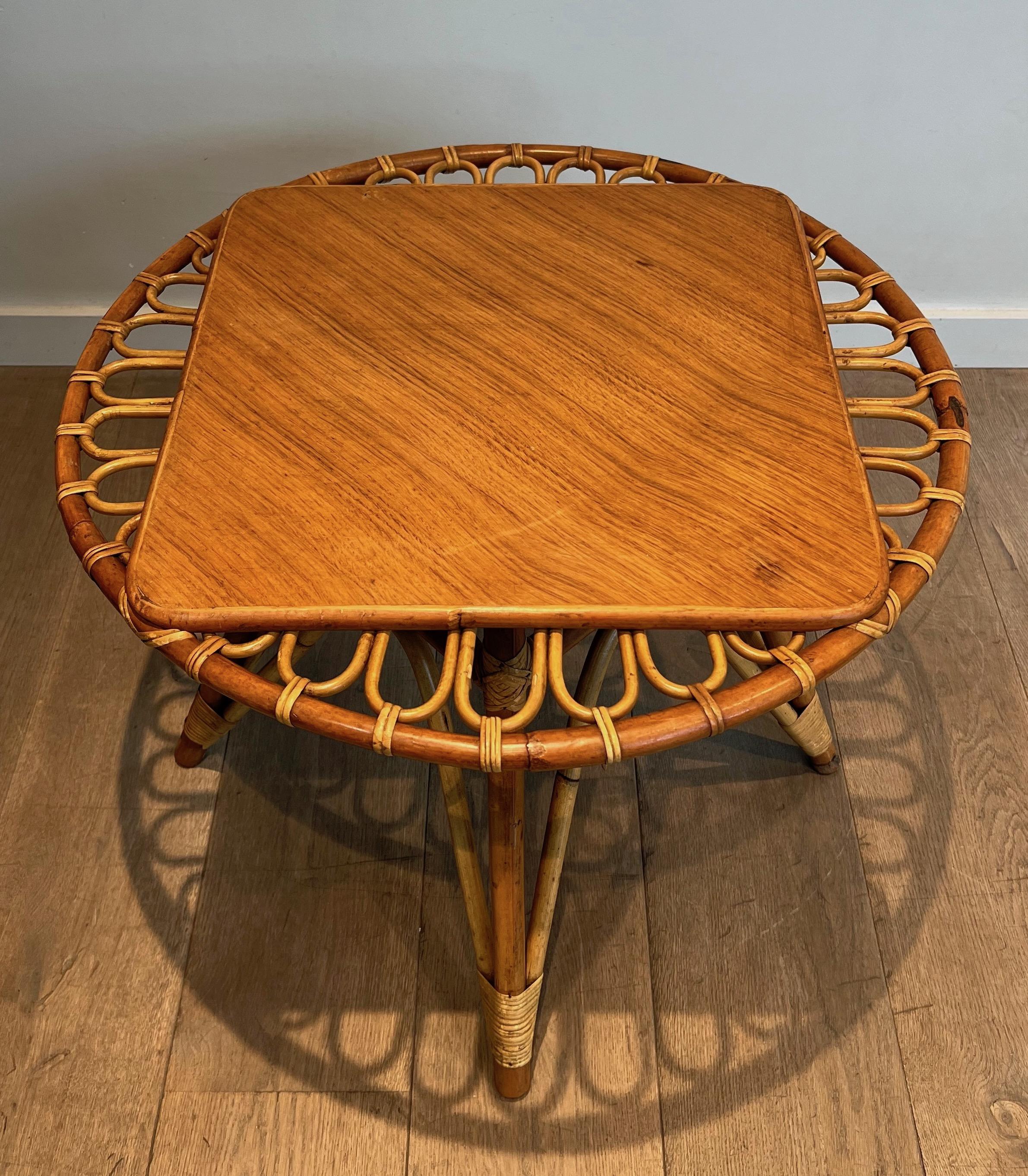 Round trampoline, rattan coffee table. French work. Circa 1950 For Sale 6