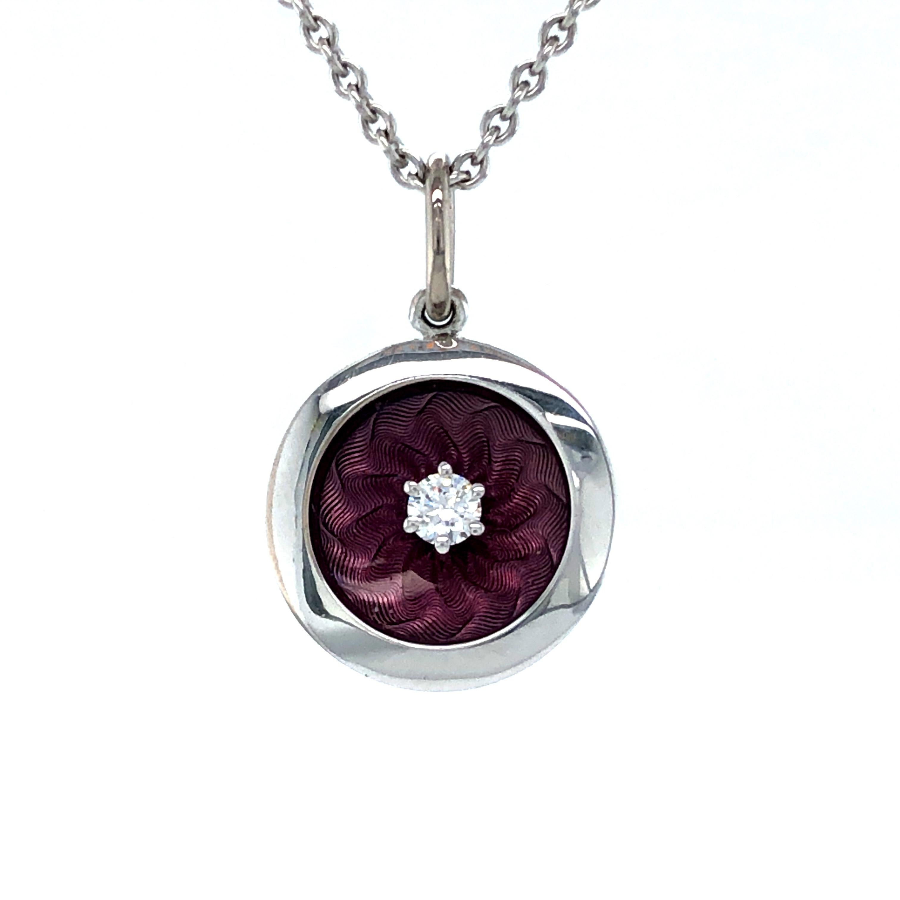Victor Mayer round pendant necklace 18k white gold, Trance Collection, mauve guilloche enamel, 1 diamond, total 0.07 ct, G VS, Diameter app. 12.4 mm

About the creator Victor Mayer
Victor Mayer is internationally renowned for elegant timeless