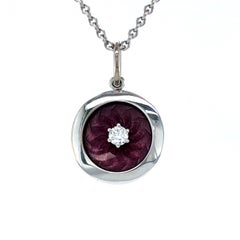 Round Trance Pendant Necklace 18k White Gold Guilloche Enamel 1 Diamond 0.07