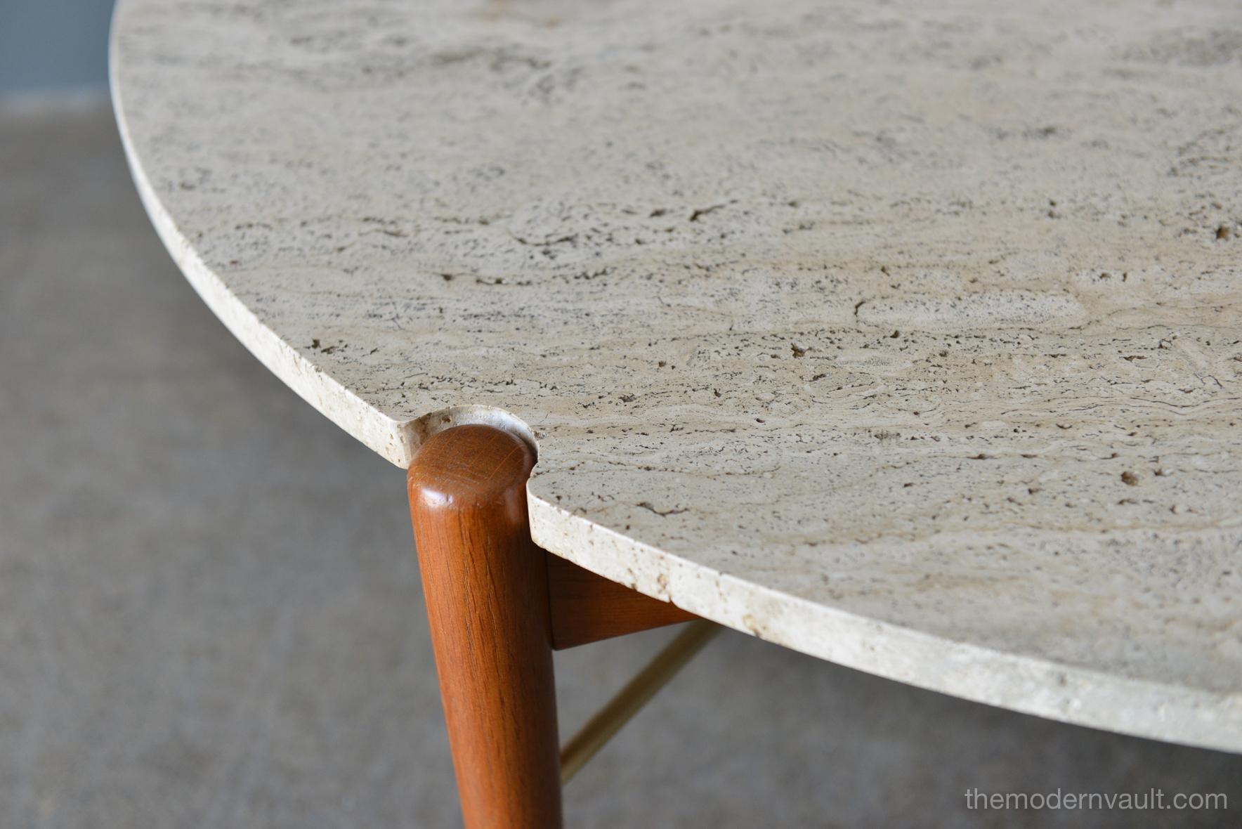 Scandinavian Modern Round Travertine and Brass Coffee Table by DUX, circa 1965