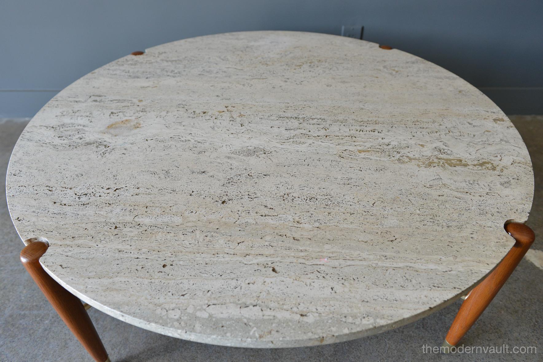 Swedish Round Travertine and Brass Coffee Table by DUX, circa 1965