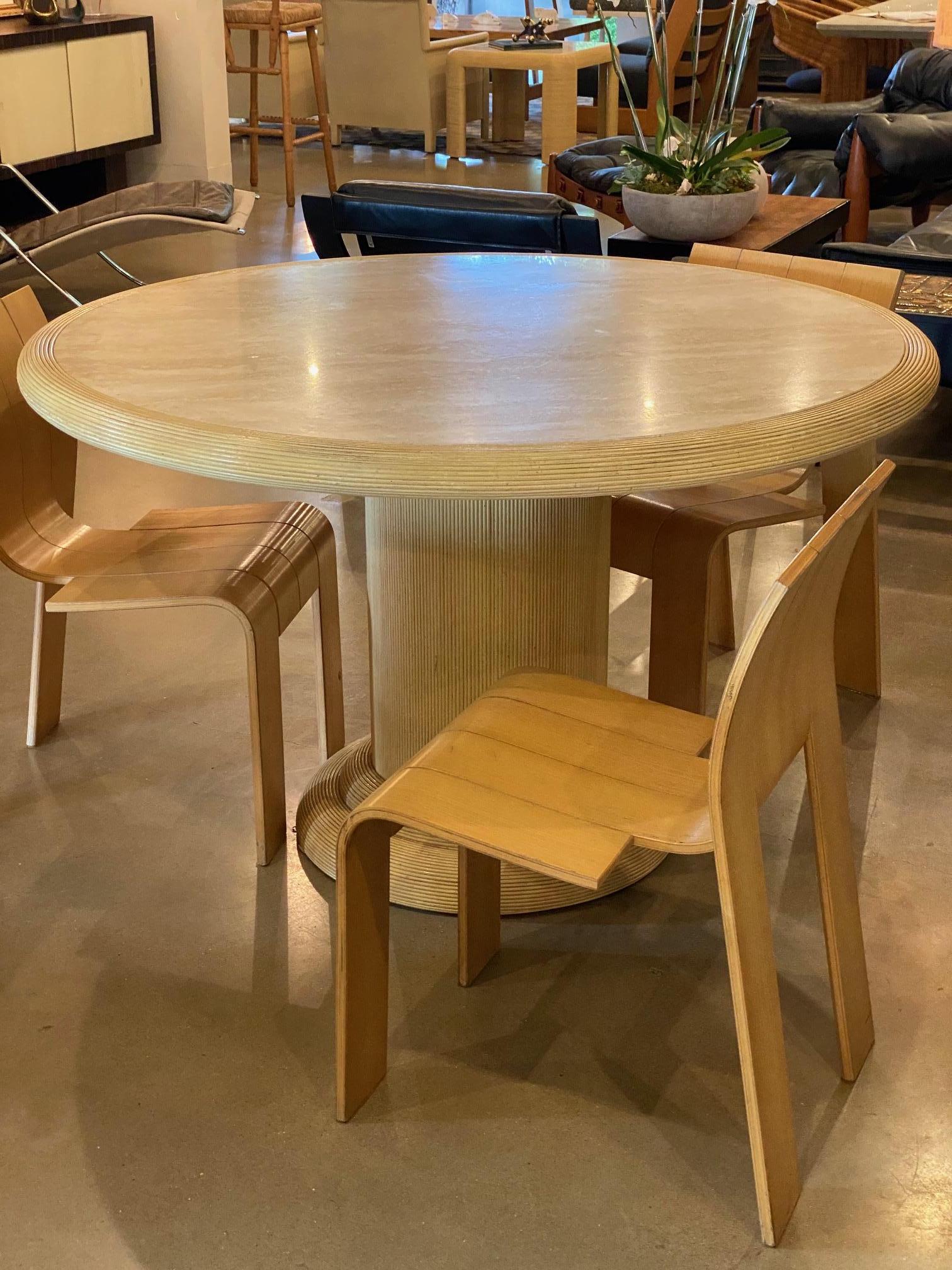 Mid-Century Modern Round Travertine And Rattan Dining Table, Italy, 1970's  For Sale