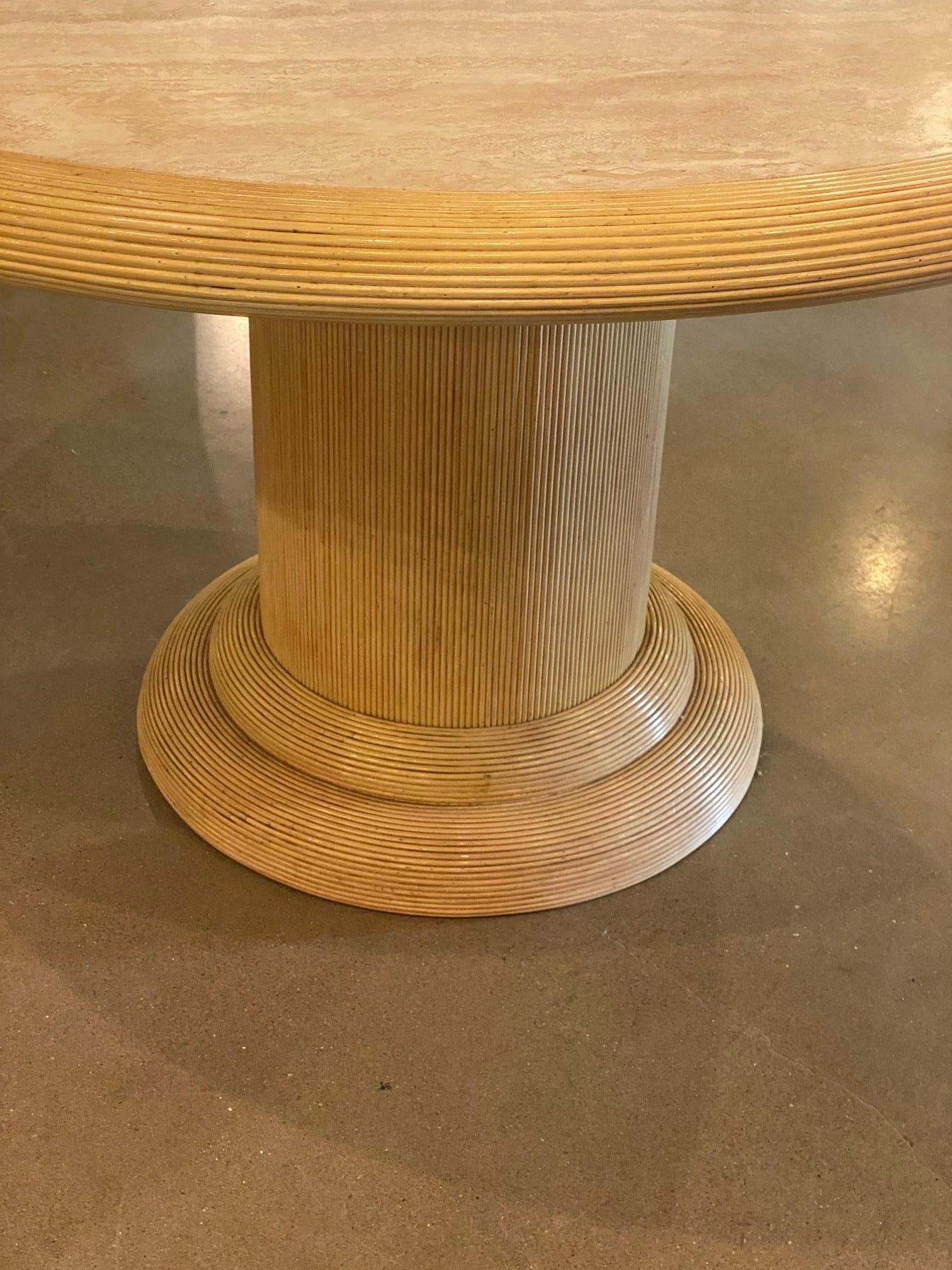 20th Century Round Travertine And Rattan Dining Table, Italy, 1970's  For Sale