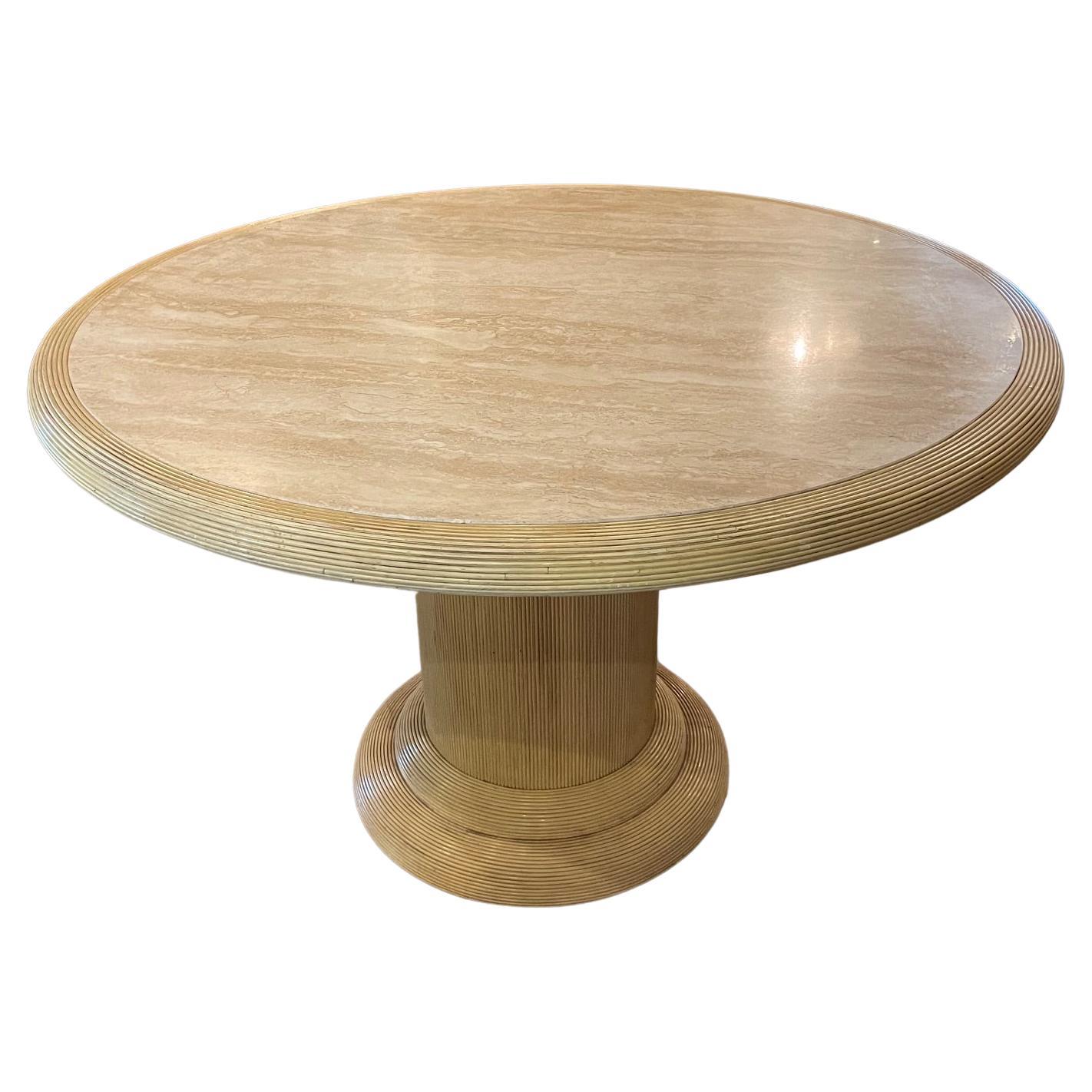 Round Travertine And Rattan Dining Table, Italy, 1970's  For Sale