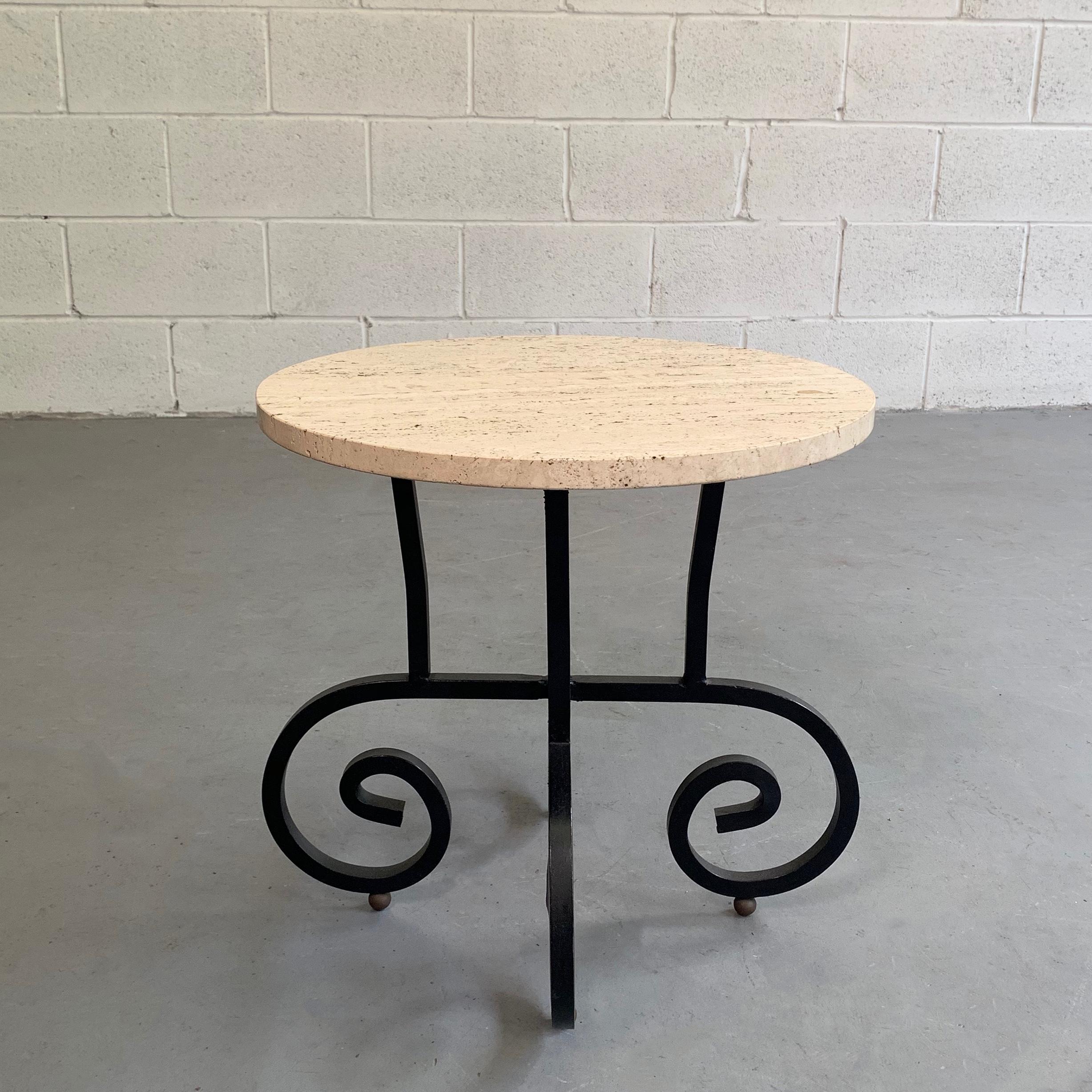 Hollywood Regency Round Travertine and Wrought Iron Side Table