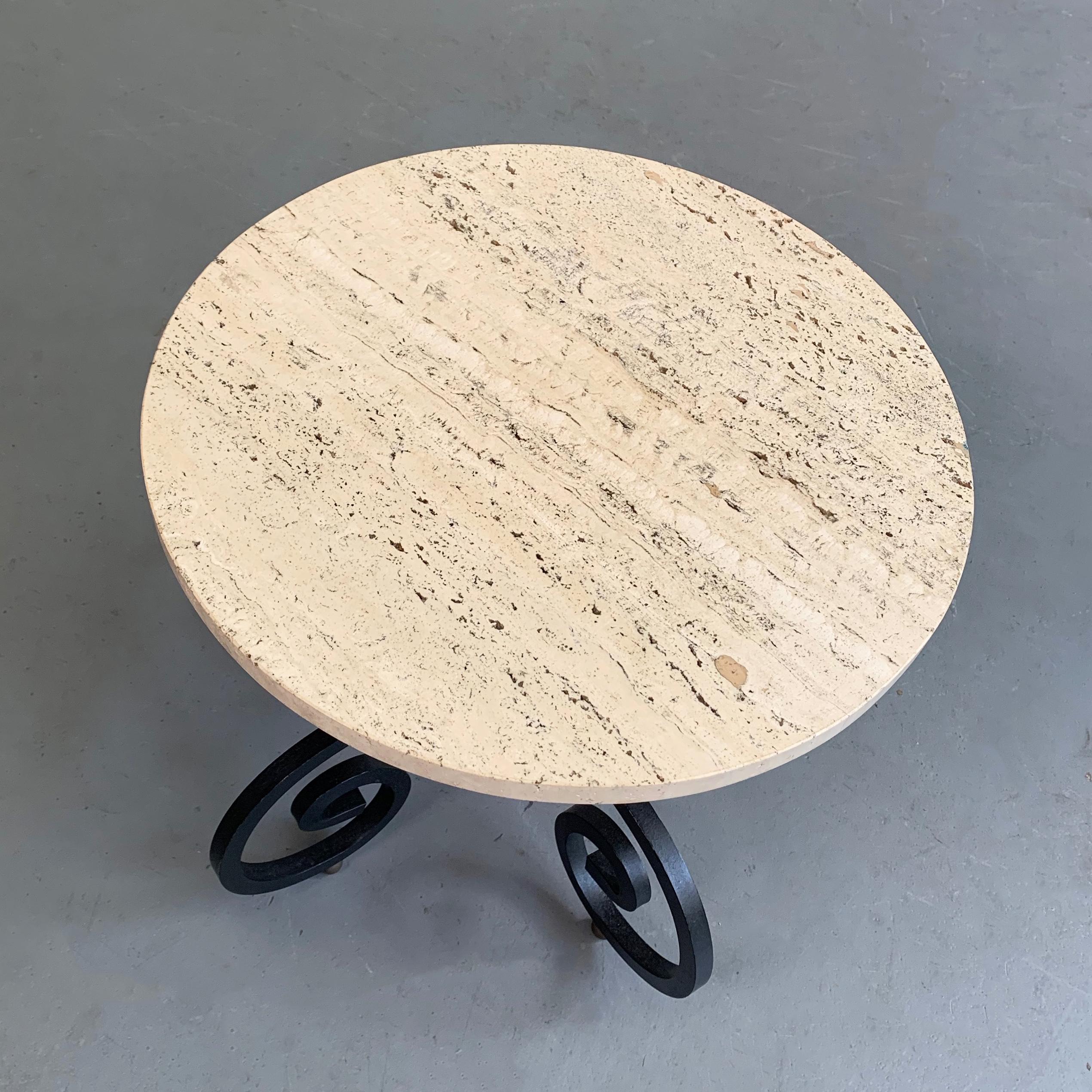Round Travertine and Wrought Iron Side Table In Good Condition In Brooklyn, NY
