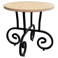 Round Travertine and Wrought Iron Side Table