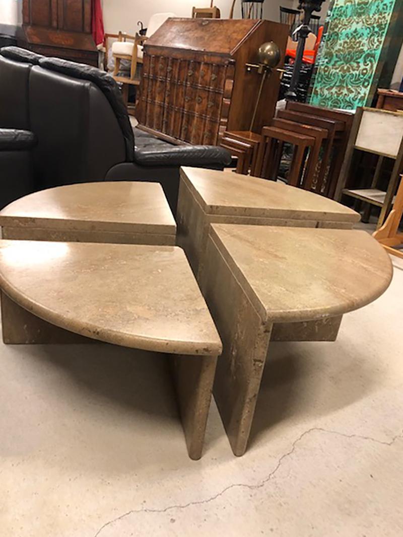 Mid-Century Modern Round Travertine Cocktail Table in Four Pieces, Italy, 1970s