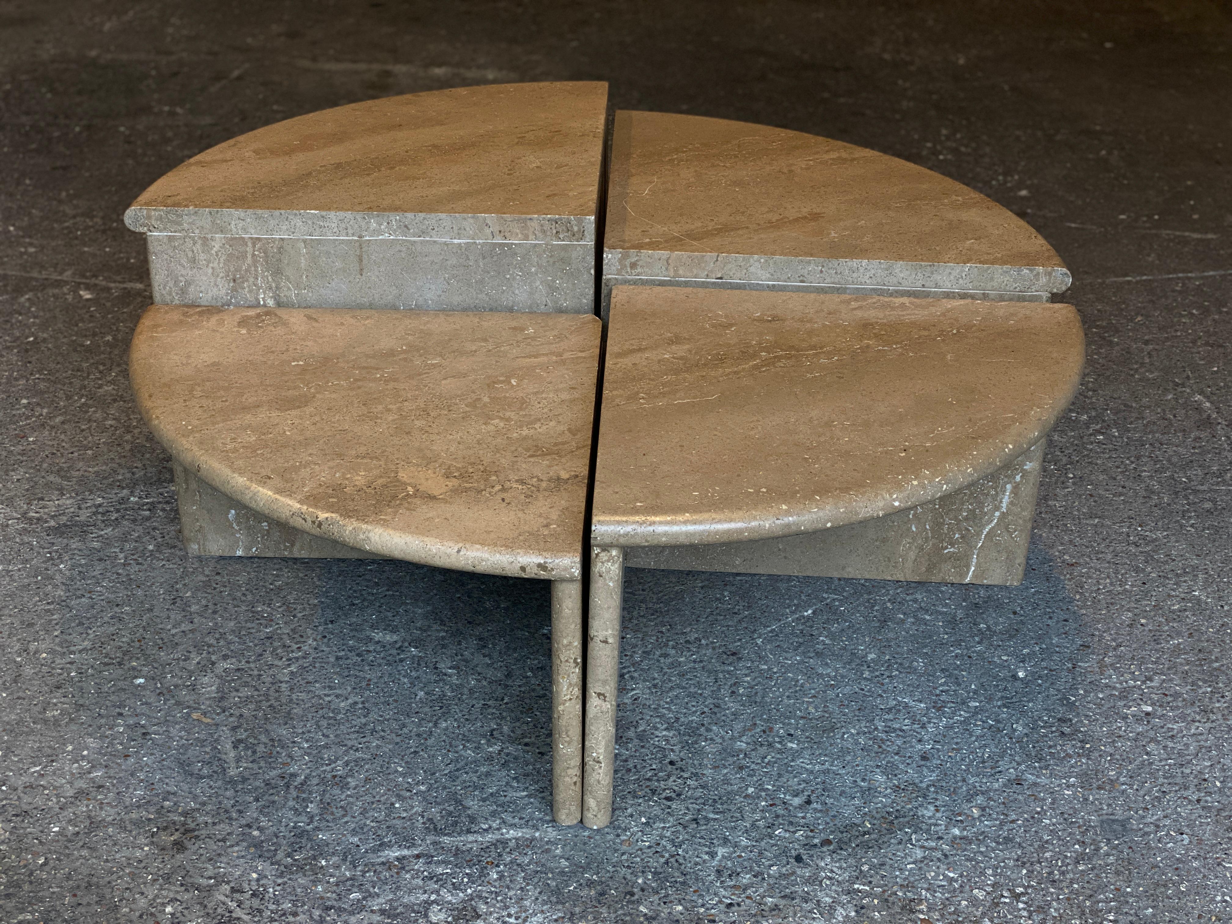 Italian Round Travertine Cocktail Table in Four Pieces, Italy, 1970s