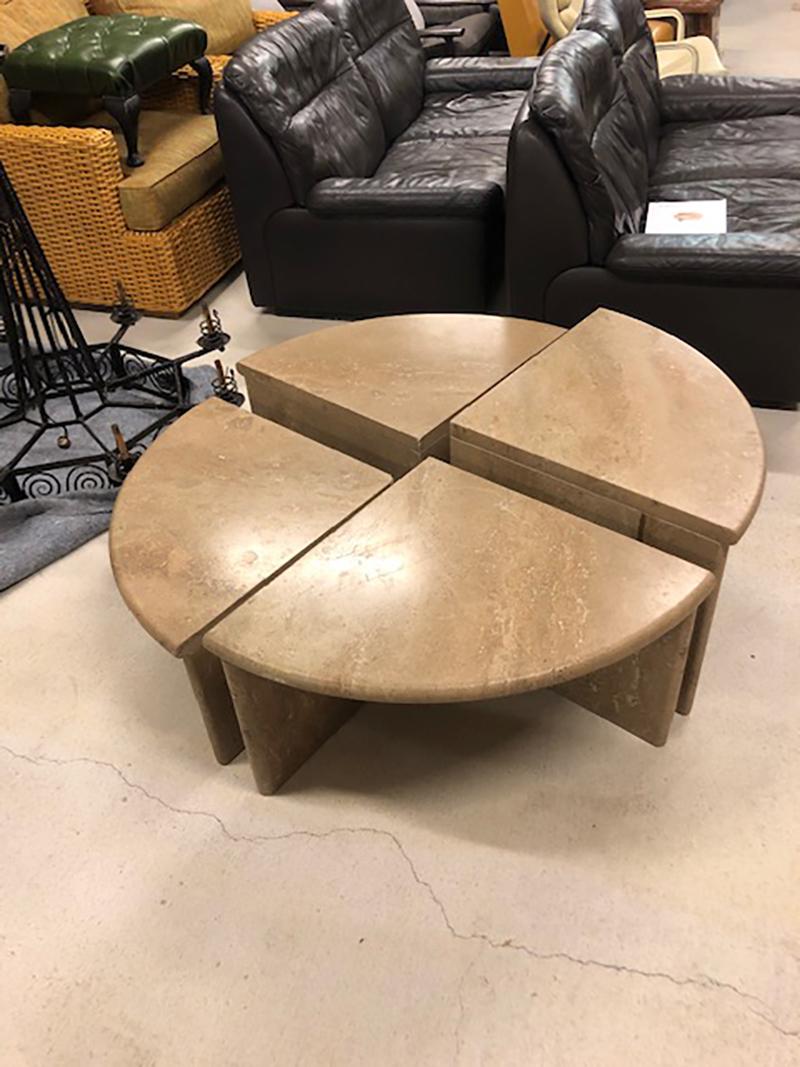 Round Travertine Cocktail Table in Four Pieces, Italy, 1970s 1