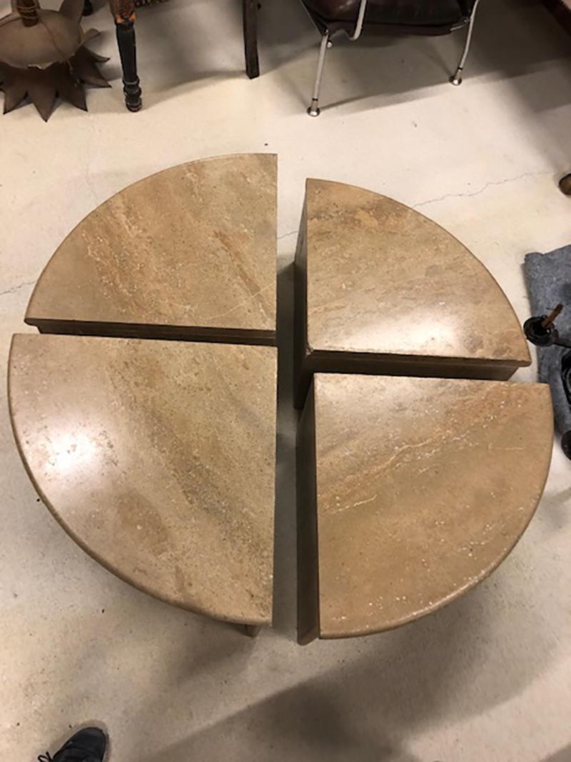 Round Travertine Cocktail Table in Four Pieces, Italy, 1970s 2