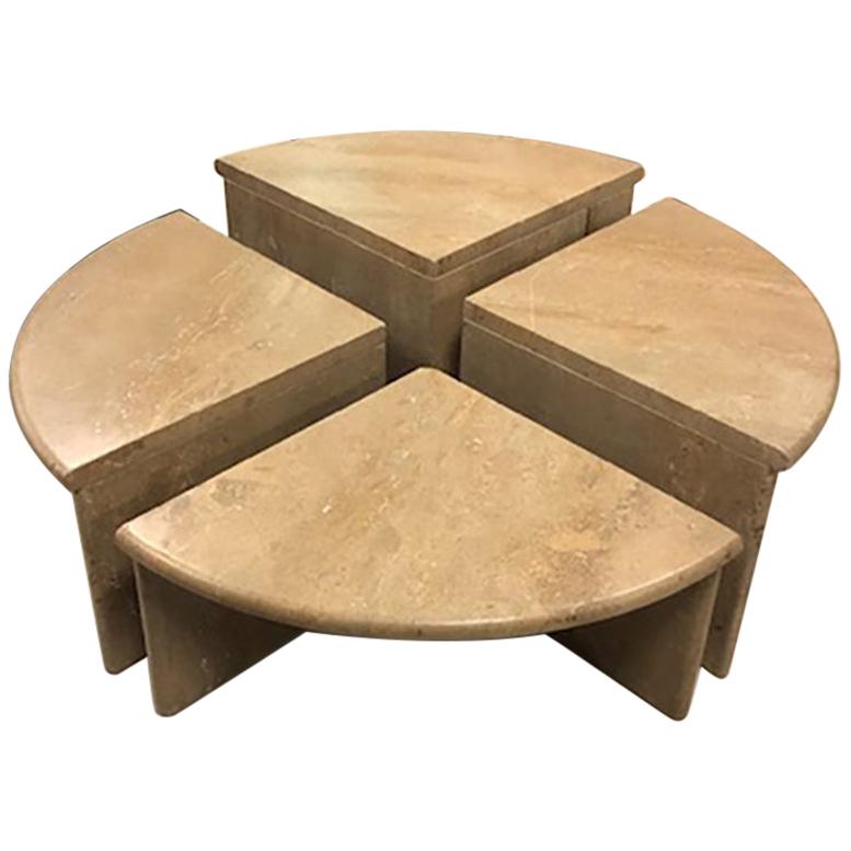 Round Travertine Cocktail Table in Four Pieces, Italy, 1970s