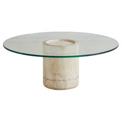 Table basse ronde en travertin avec plateau en verre, Italie années 1960