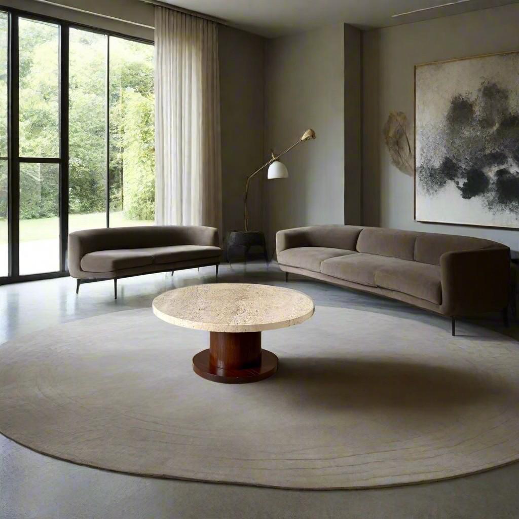 Round Travertine Coffee Table with Oak Base  Italy, 1970  Mid‑Century Modern

Bringing together the warm patina of natural stone and the timeless appeal of wood, this 1970s Italian round travertine coffee table is a quintessential piece of