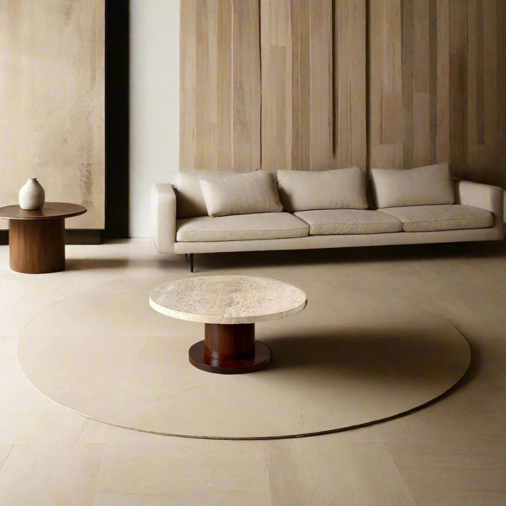 Mid-Century Modern Round Travertine Coffee Table With Oak Veneer Base, Italy 1970 For Sale