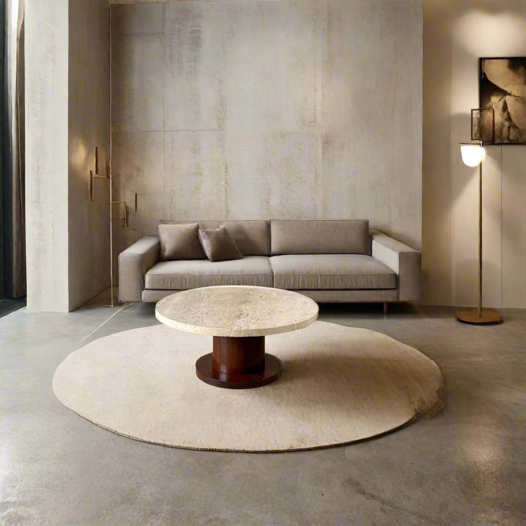 Italian Round Travertine Coffee Table With Oak Veneer Base, Italy 1970 For Sale