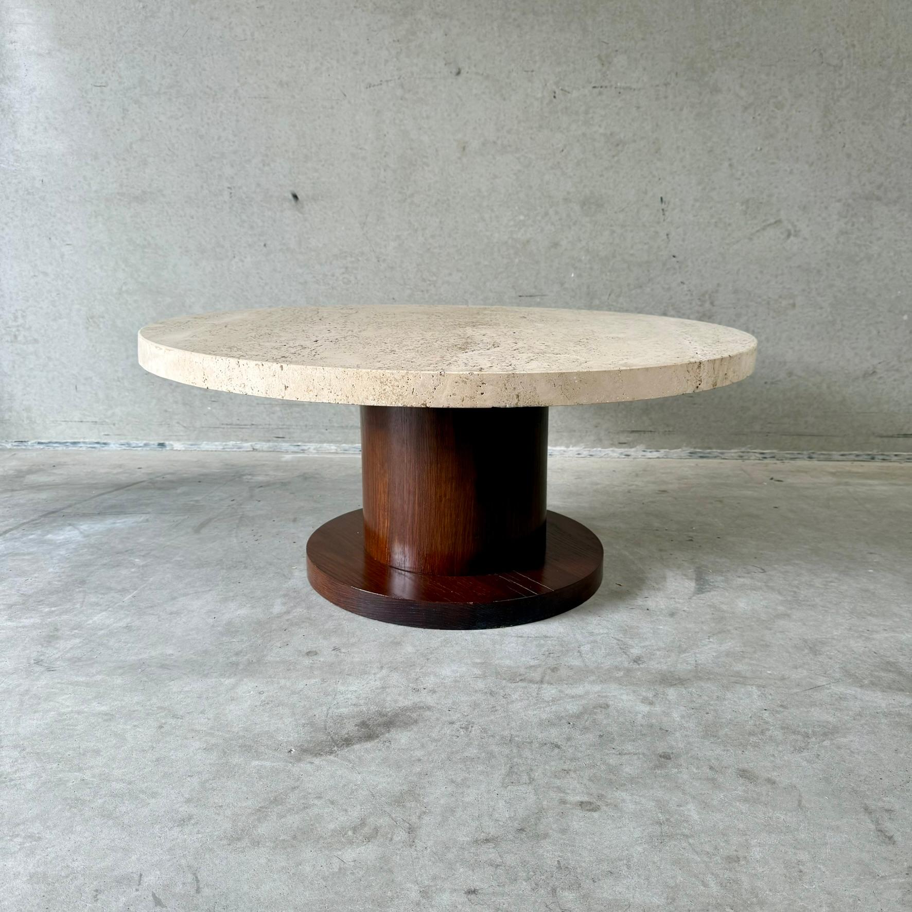 Round Travertine Coffee Table With Oak Veneer Base, Italy 1970 For Sale 3