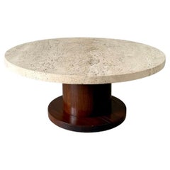 Round Travertine Coffee Table With Oak Veneer Base, Italy 1970