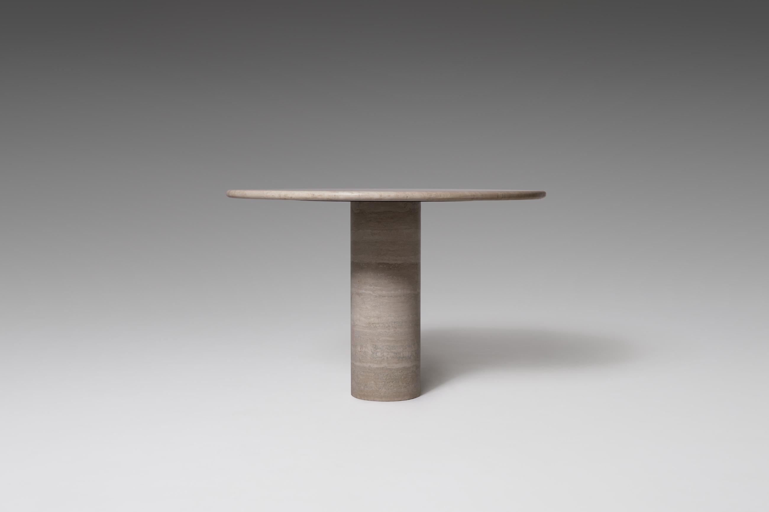 Mid-Century Modern Round Travertine Dinging Table with Cylinder Base