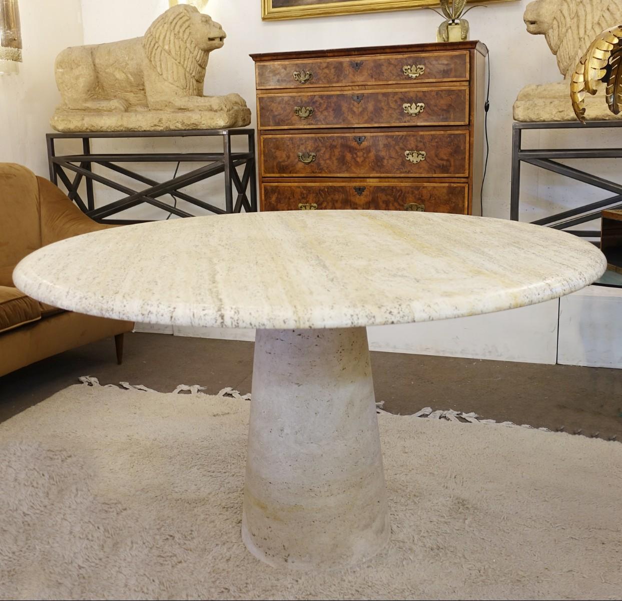 Round travertine dining table, 1970.