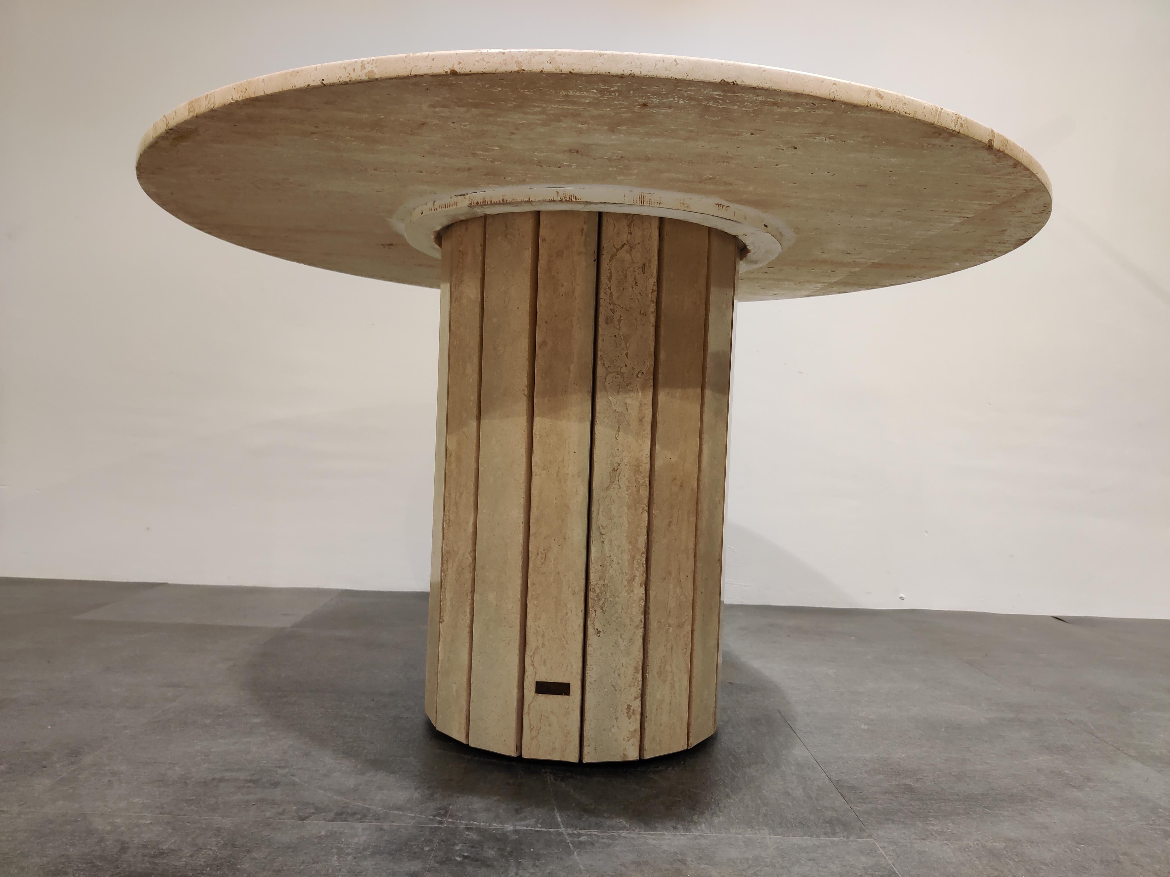Hollywood Regency Round Travertine Dining Table by Jean Charles, 1970s