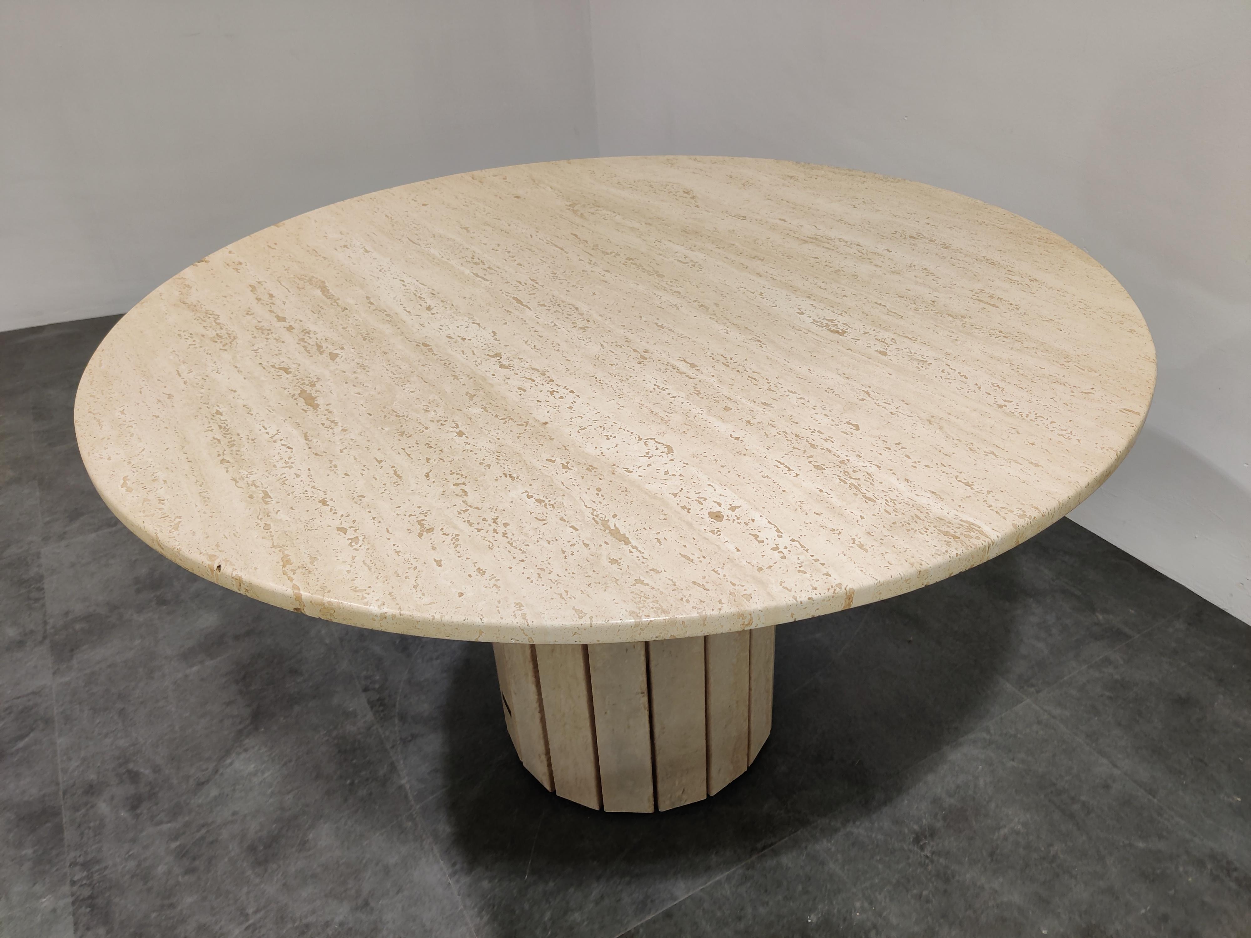 French Round Travertine Dining Table by Jean Charles, 1970s